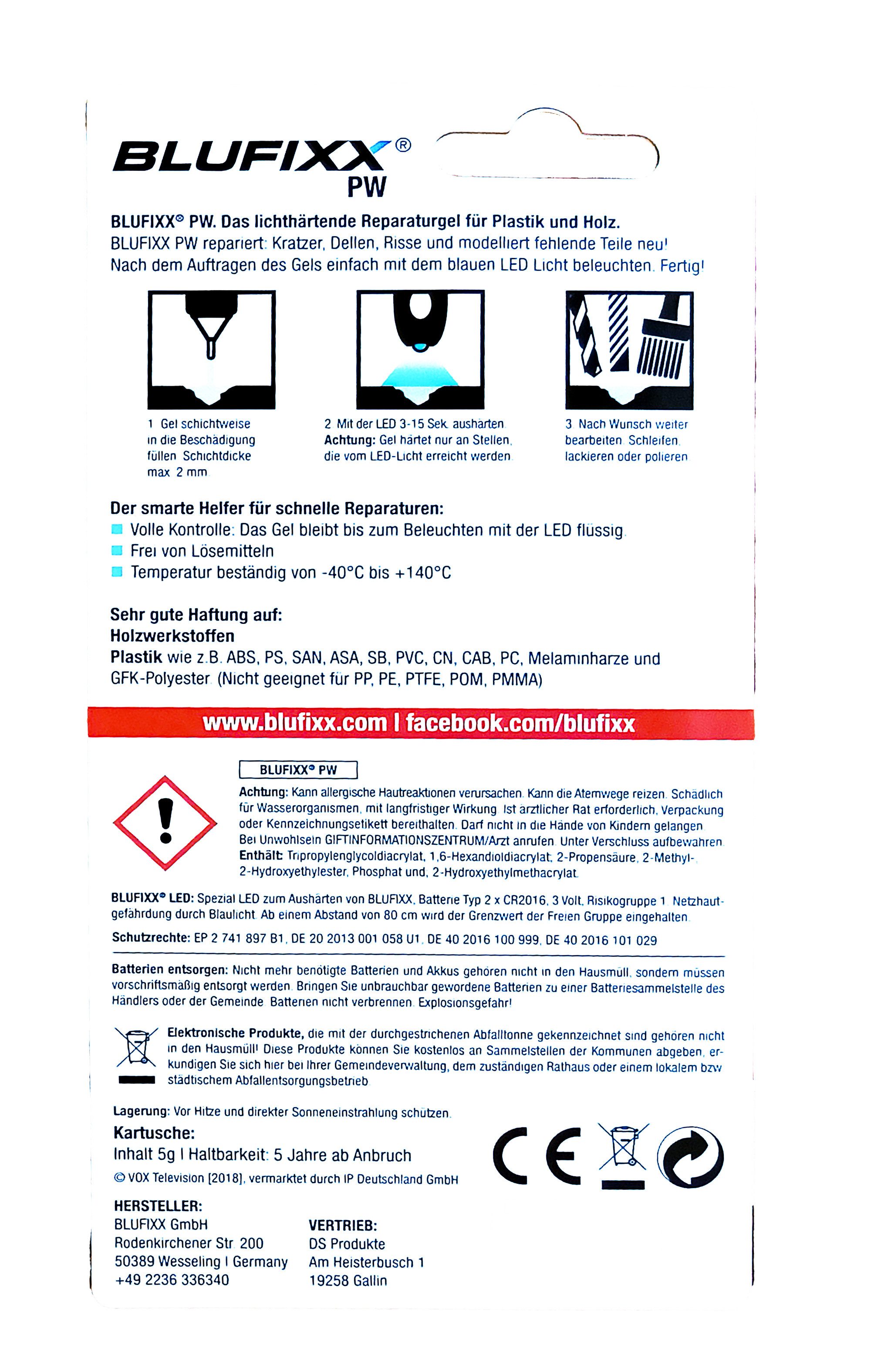 Blufixx Kunststoff-Reparaturset REPARATURSTIFT mit UV LED Klar 5g Lichthärtendes Gel 91 (Rot), Oberflächen Reparaturgel für Plastik Holz Oberflächenreparatur