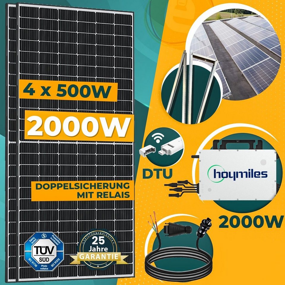 enprovesolar Solaranlage 2000W Balkonkraftwerk Komplettset inkl. 500W  Solarmodule, Hoymiles HMS-2000W-4T Wechselrichter, DTU-Wlite-S, 5M  Wielandstecker und Aufständerung Süd Basis PV-Montage