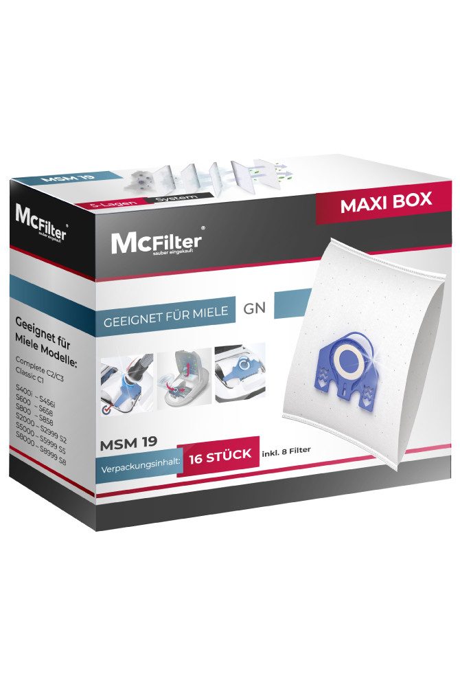McFilter Пылесборники >MAXI BOX< (16+8), passend für Miele Staubsauger GN Serie, S2 S4 S5 S6 S8, Complete C2/C3, Classic C1, wie 10408410, 16 St., inkl. 8 Filter, Top Miele Alternative zu 9917730