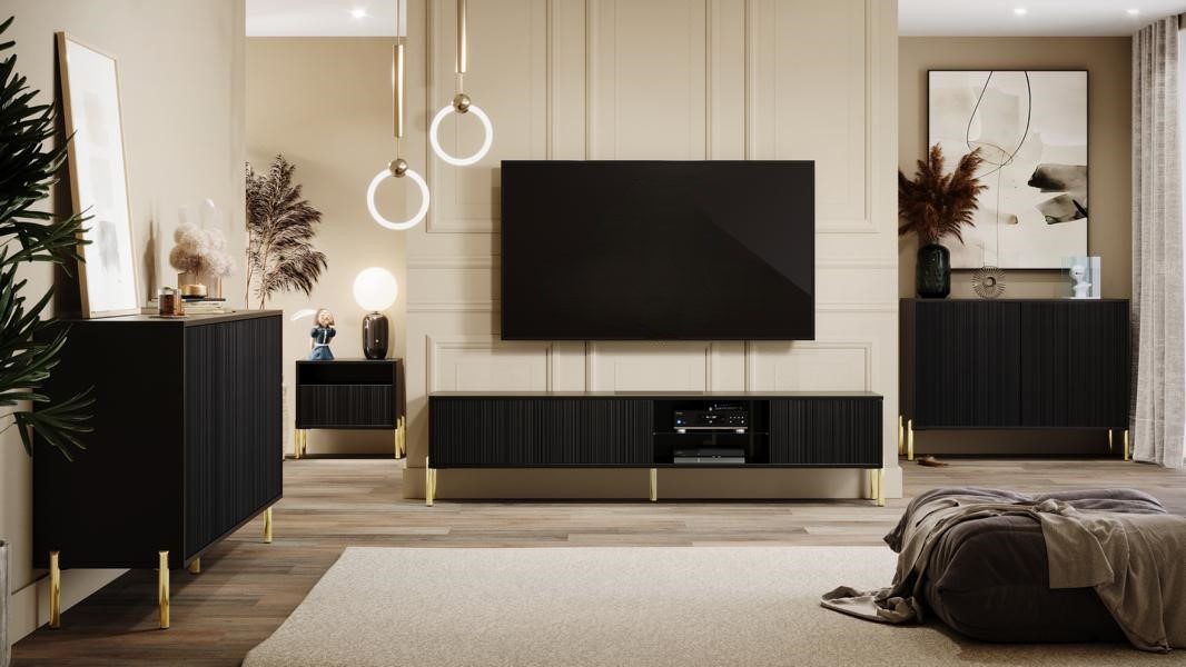 JVmoebel Wohnzimmer-Set Exklusives Designer Wohnzimmer Set in modernem Design und Holzoptik, (TV-Lowboard, Sideboard, Kommode, Beistelltisch), Made in Europe