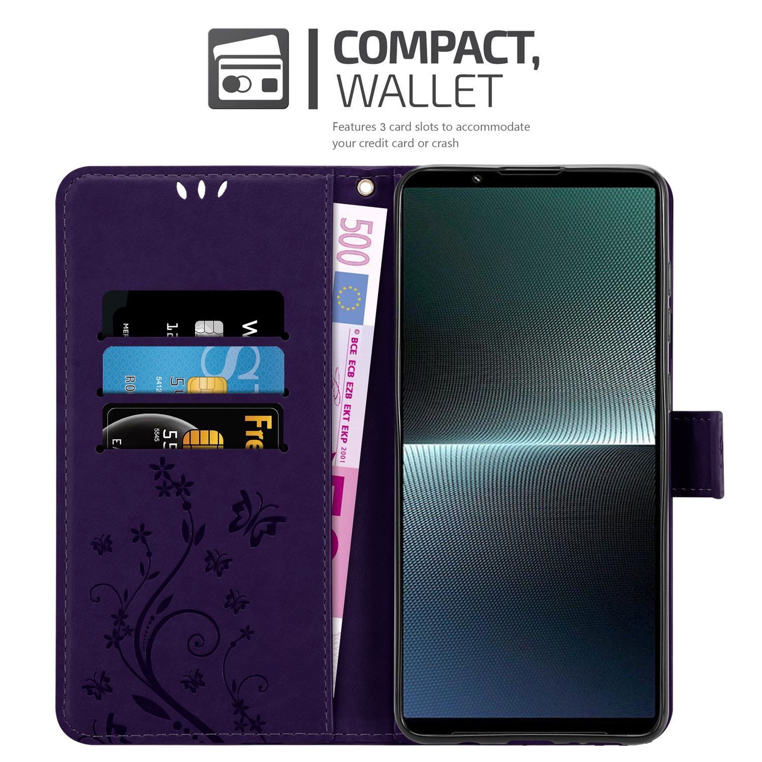 Cadorabo Handyhülle für Sony Xperia 1 V Hülle Sony Xperia 1 V, Hülle Schutzhülle Blumen Flower mit Standfunktion Kartenfach Magnet