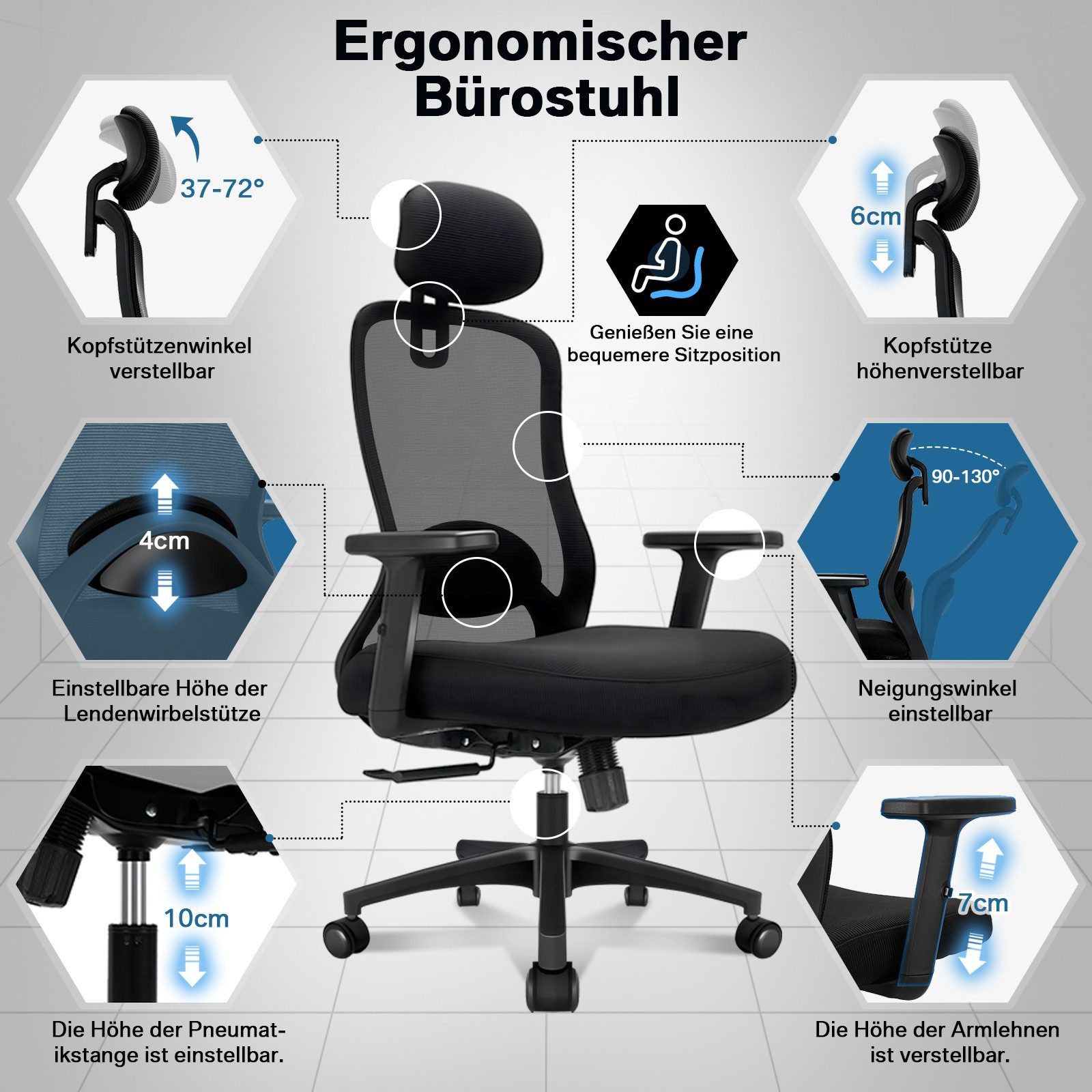 Milacyee Bürostuhl Chefsessel Wippfunktion 200kg belastbar ergonomisch,Bürostuhl (Verstellbare und feststellbare Lendenstütze + Kopfstütze + höhenverstellbare A – Bild 4 von 5