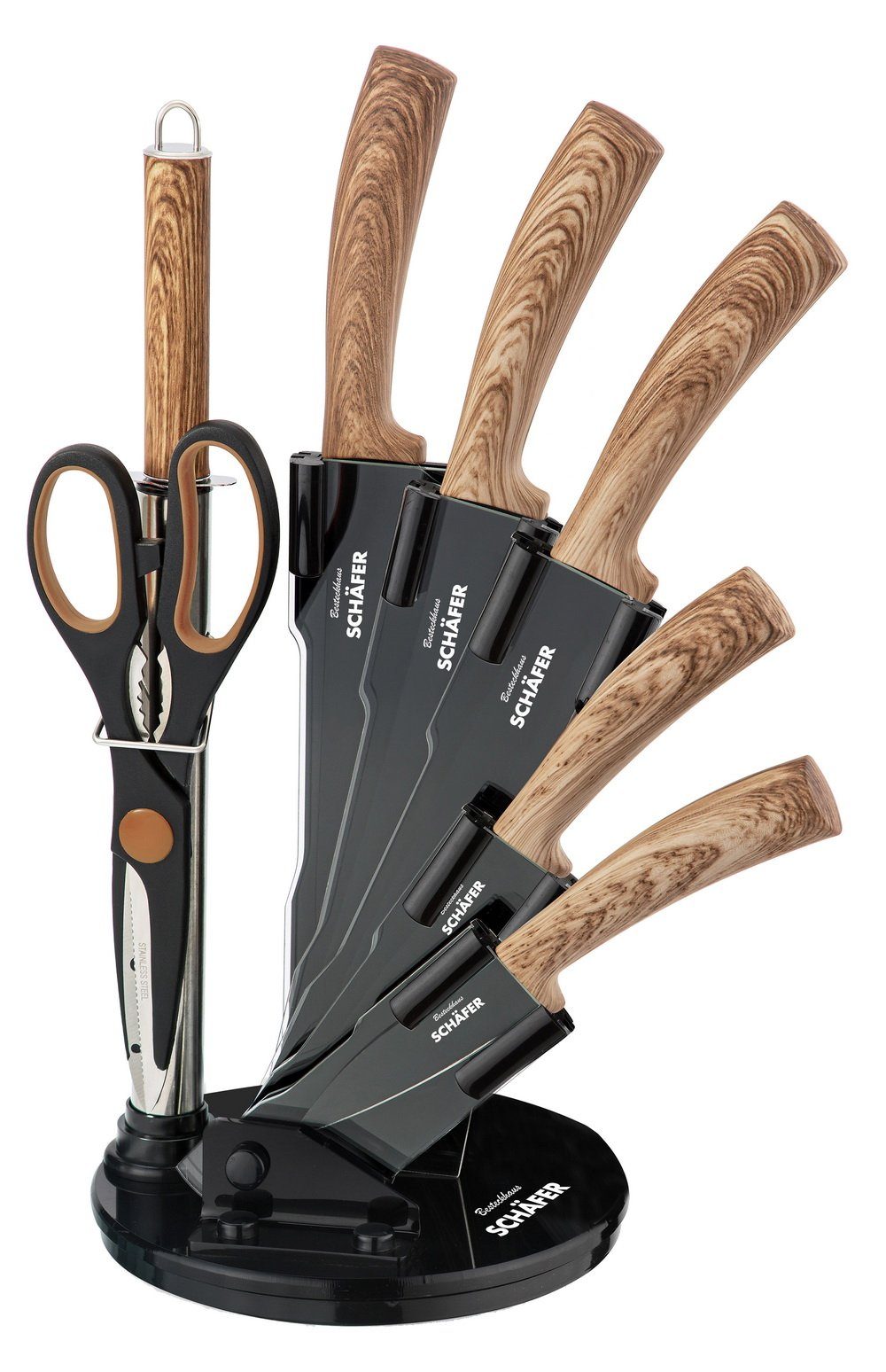 Schäfer Elektronik Messer-Set Messersetset Schere, (8-tlg), MAPLE Klingenstahl Messerblock inklusive Schwarz Messer WOOD in aus beschichtetem