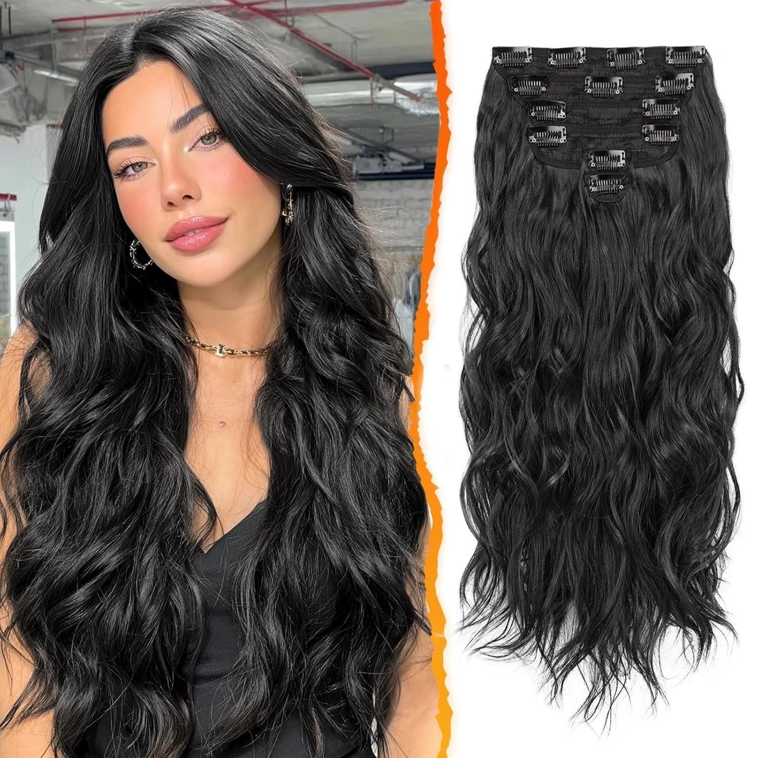 LuxusKollektion Kunsthaar-Extension Clip in Schwarz Haarverlängerung Damen 50CM Lang Wellig Haarextension