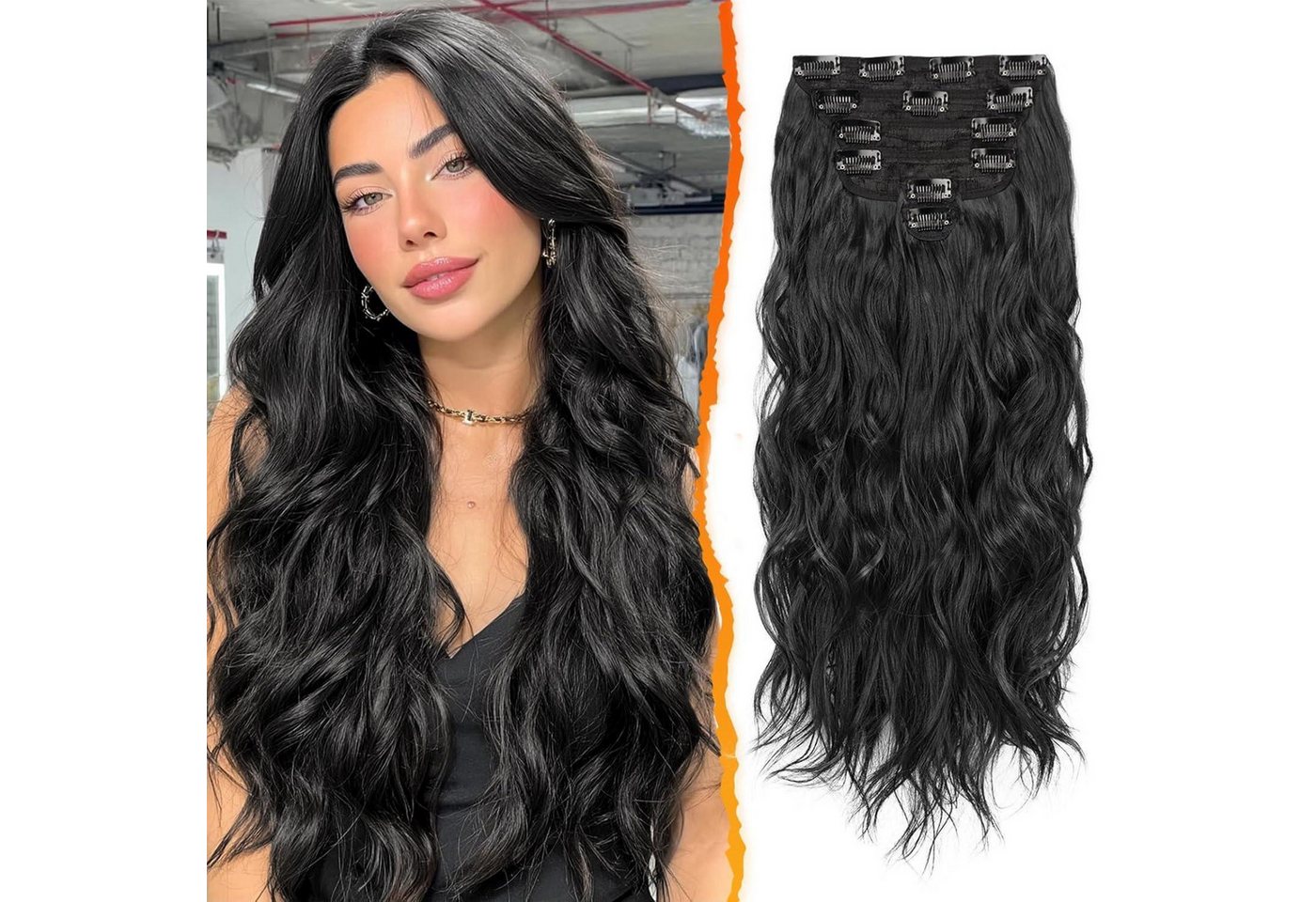LuxusKollektion Kunsthaar-Extension Clip in Schwarz Haarverlängerung Damen 50CM Lang Wellig Haarextension