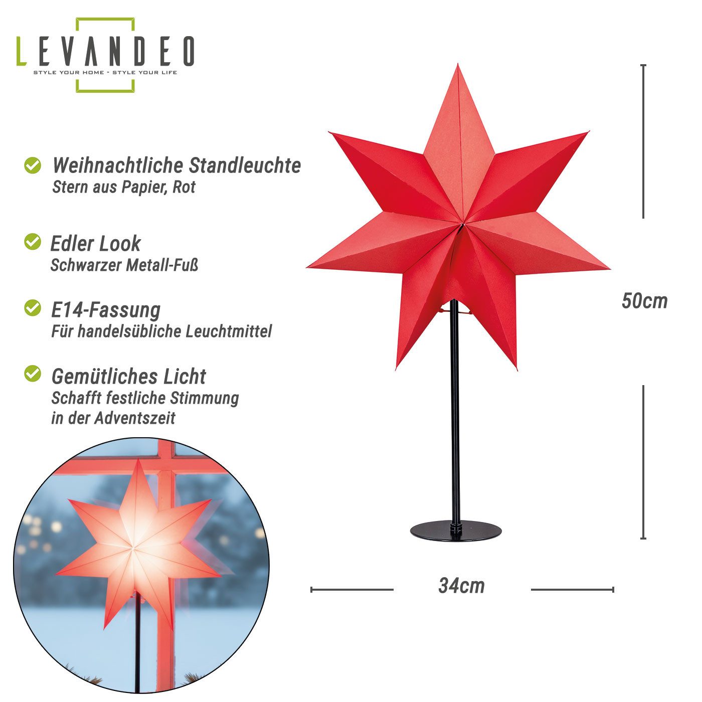 Levandeo® LED Stern, LED Stern Rot H50cm mit Standfuß Weihnachten Leuchtstern Tischdeko