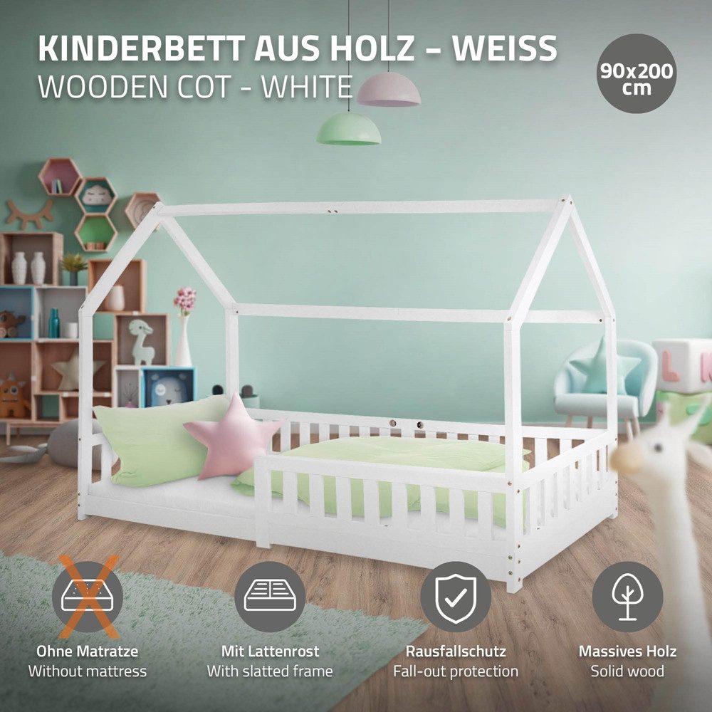 ML-DESIGN Spielbett Hausbett Kinderbett inkl. Lattenrost kreativ Bodenbett für Kinder, Abenteuerbett zum Spielen mit Rausfallschutz Kiefer Weiß Himmelbett – Bild 2 von 5