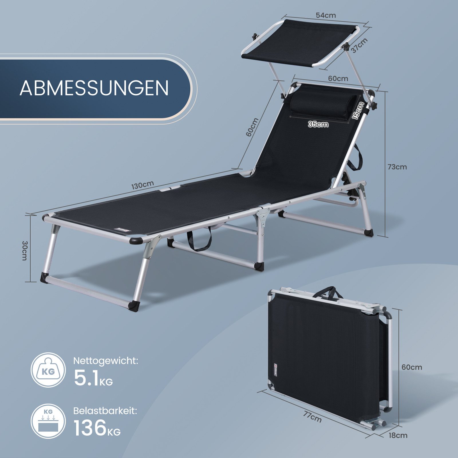 HOMECALL Gartenliege Leicht Sonnenliege Klappbar Alu Liegestuhl Strandliege, 1-tlg, 5 fach Verstellbare Rückenlehne, Sonnenschutzdach, bis 136KG