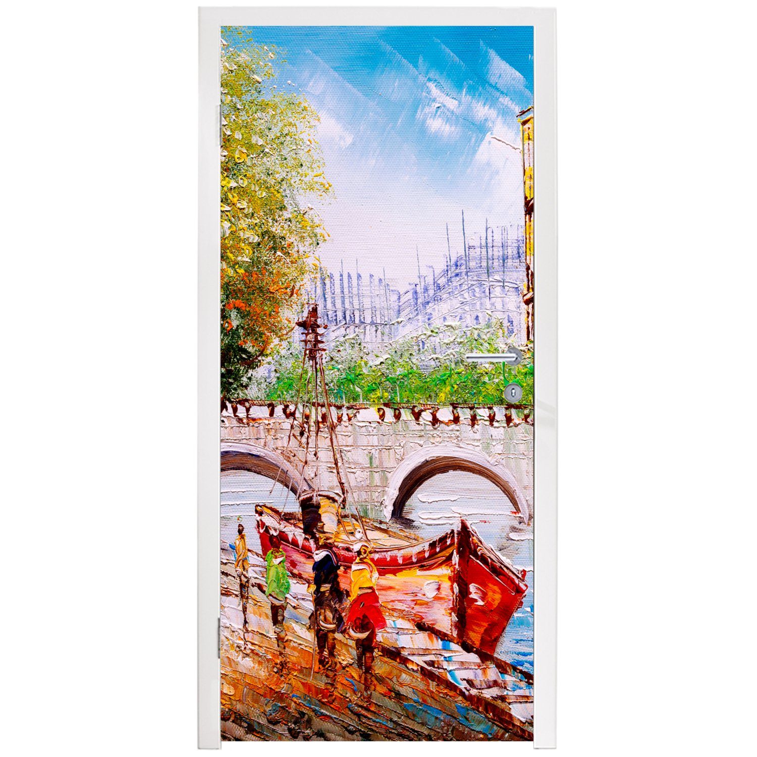 (1 Paris cm 75x205 Türaufkleber, für Türtapete bedruckt, Gemälde - Boot Tür, St), Matt, Fototapete - Brücke, - MuchoWow