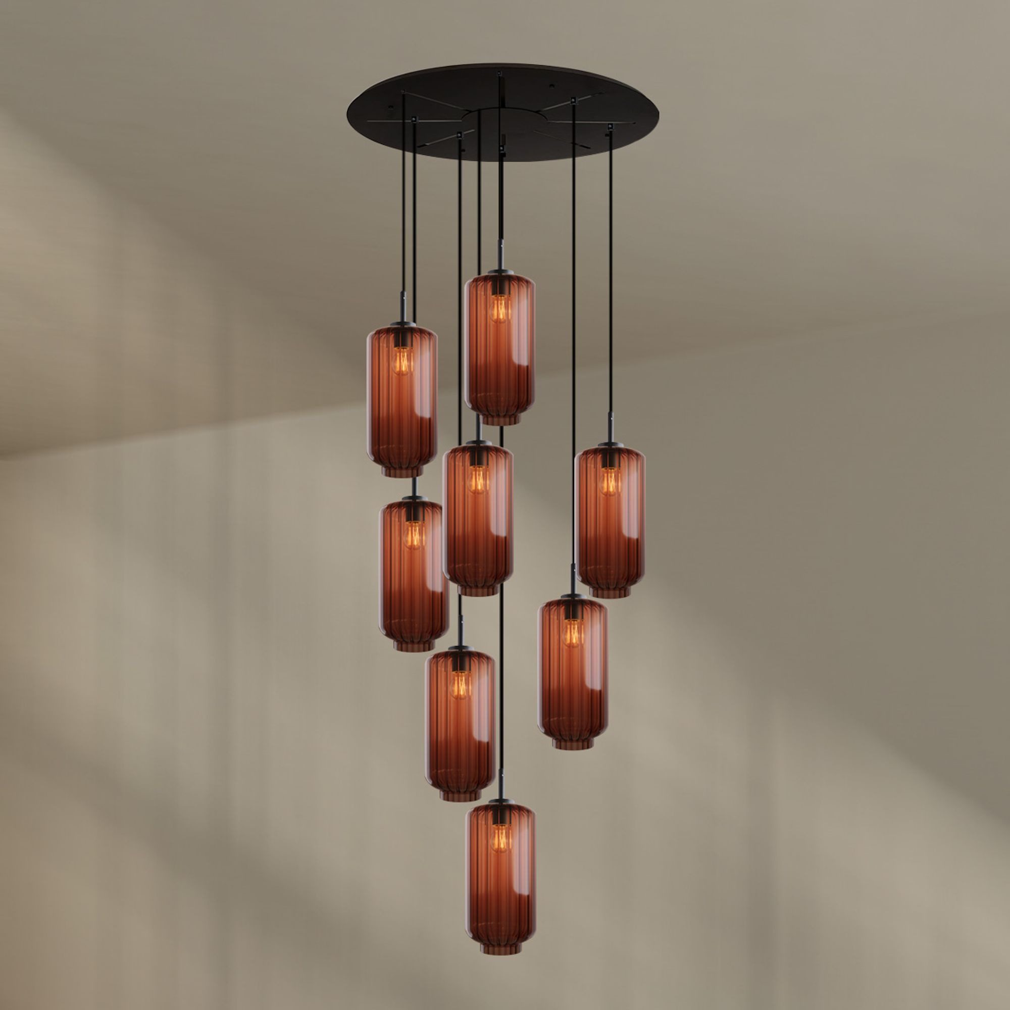 s.luce Pendelleuchte Velo Galerieleuchte 8-flg Ø 80cm Baldachin Ø 18cm Braun