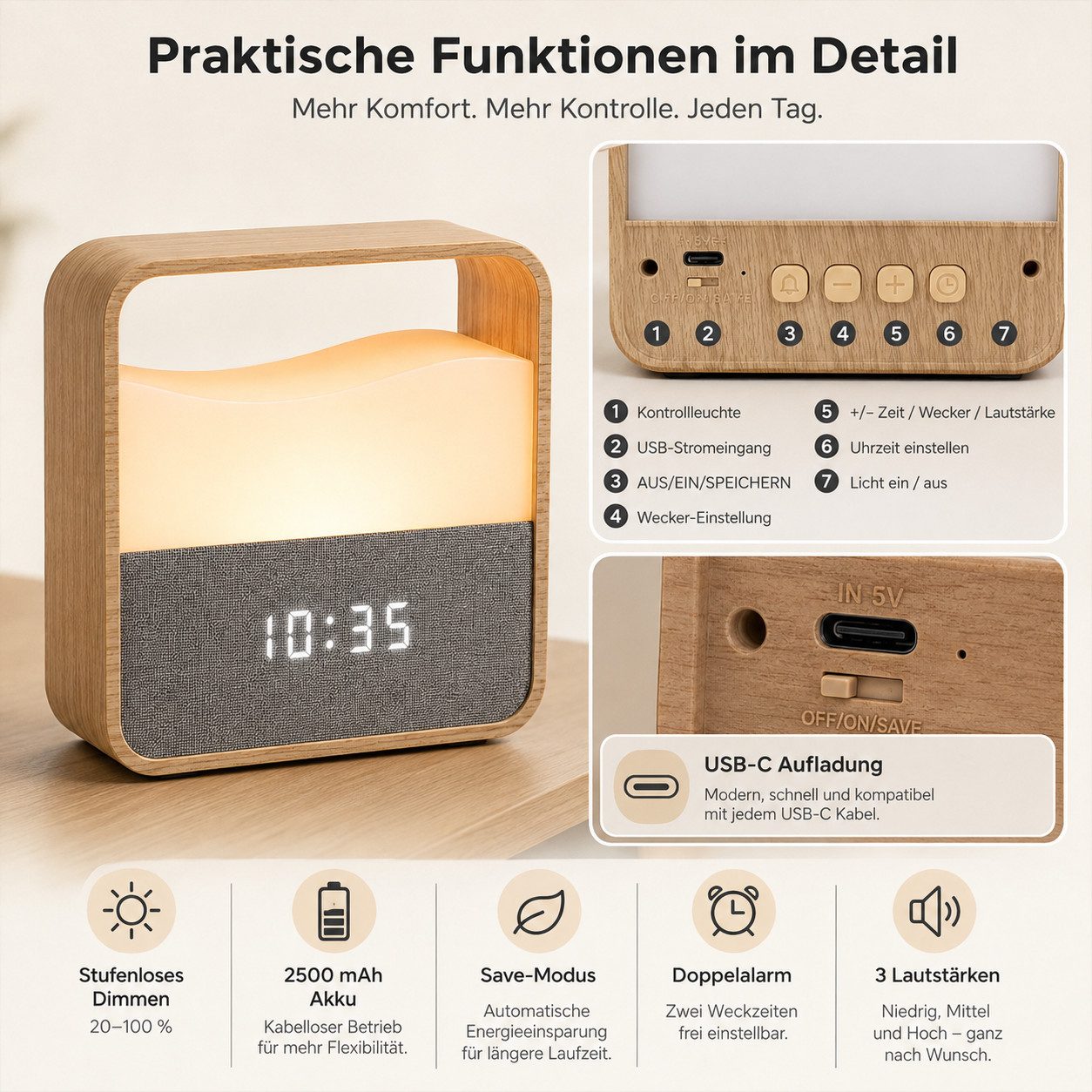 Fyrove Wecker Digitaler Wecker mit dimmbarem Nachtlicht & Doppelalarm Sanfte Wake-up Lampe Holzoptik, Kabelloser USB-C Aufladbar – Bild 5 von 5
