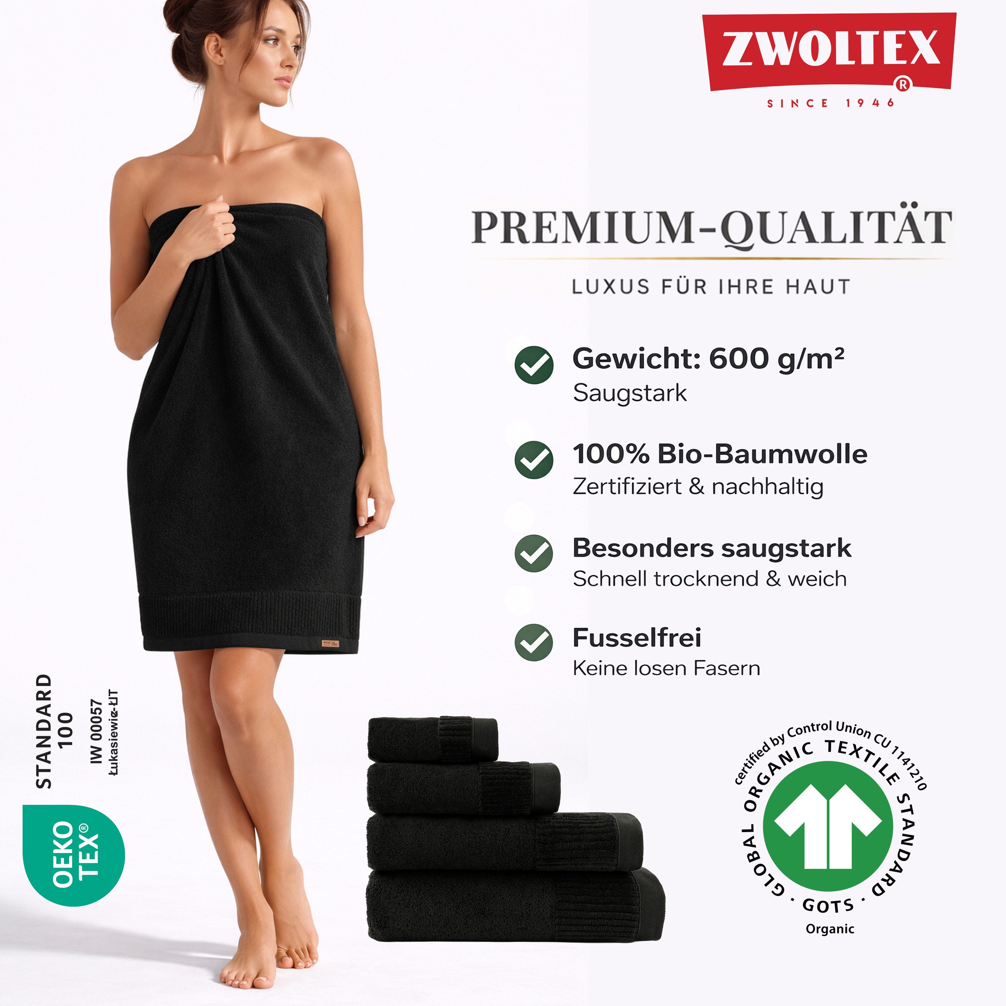 Zwoltex Handtücher PORTO Badetuch 100x150 Premium Bio Baumwolle weich 600g Frottier, (Spa Handtuch für Sauna Wellness Bad fusselfrei Nutzung), Dichte Baumwollschlingen mit starker Aufnahme