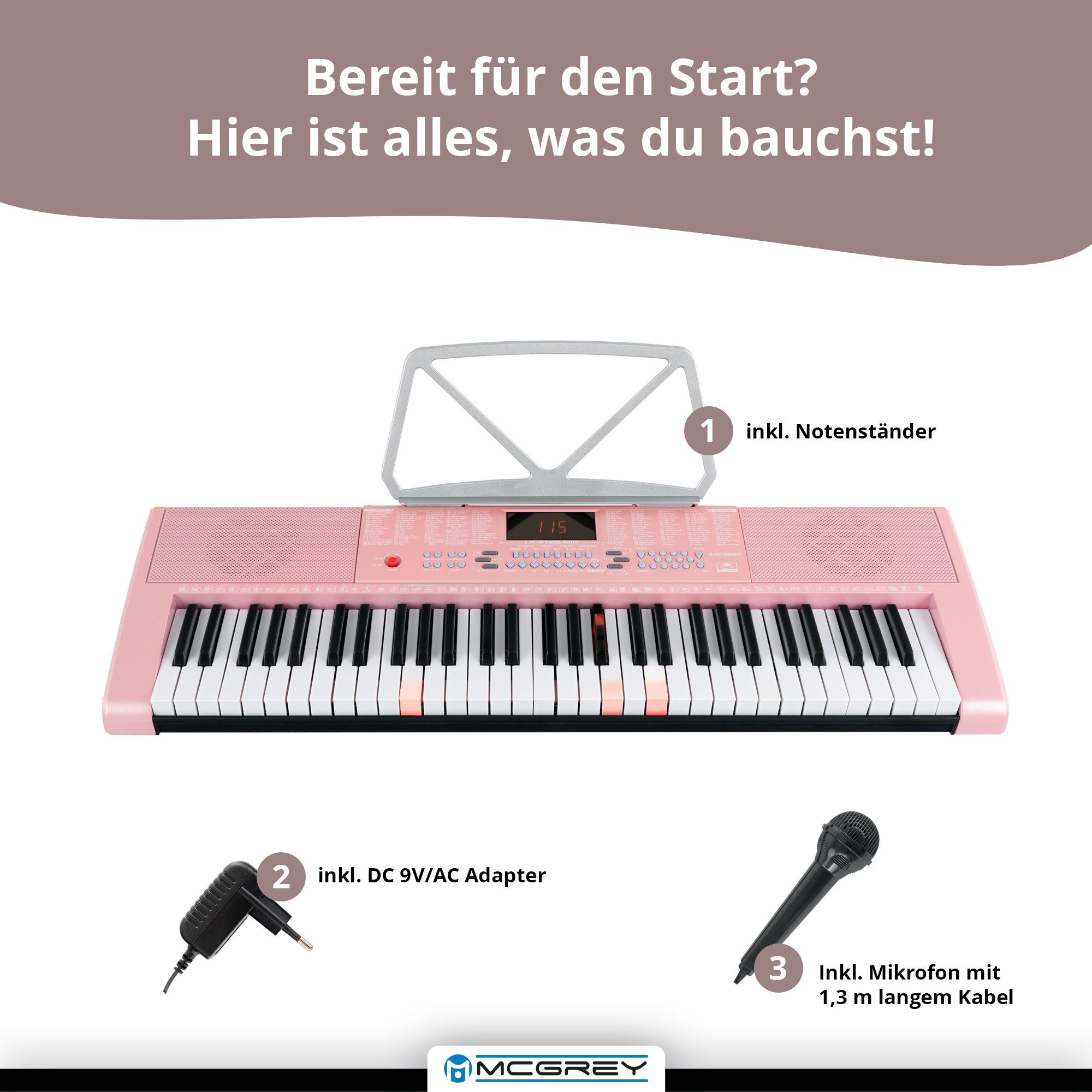 McGrey Home-Keyboard LK-6120-MIC Keyboard mit Mikrofon & Kinderkopfhörer Set (2-St., Inkl. Mikrofon, Notenhalter und Kinderkopfhörer), 255 Sounds und Rhythmen - 50 Demo Songs mit Lernfunktionen