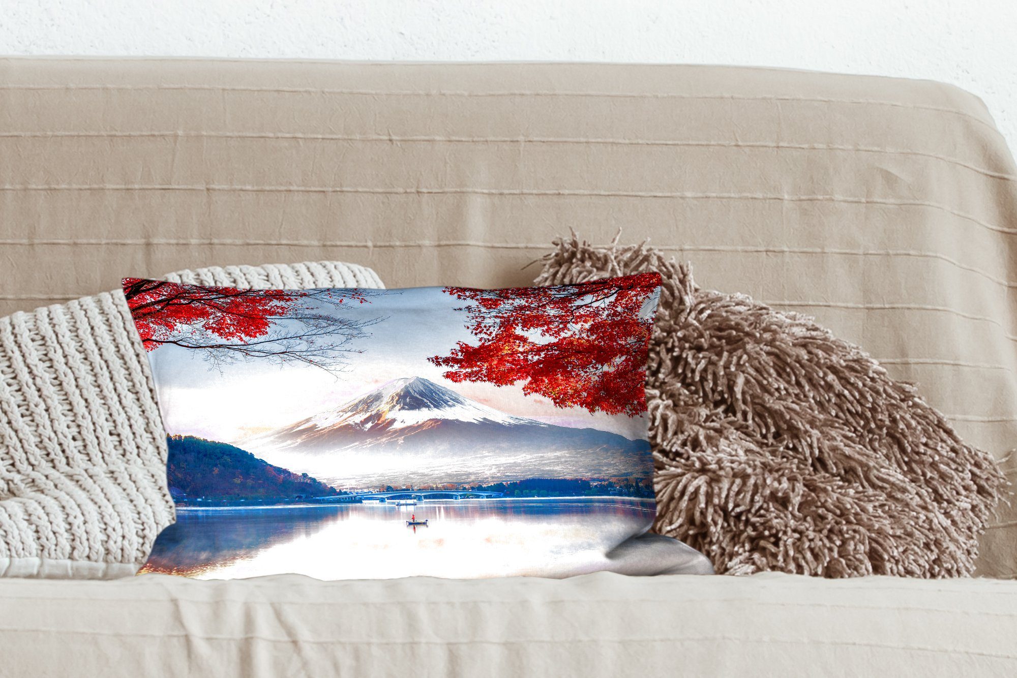 MuchoWow Dekokissen Berg im Dekoration, Herbst, Schlafzimmer Dekokissen Zierkissen, Asien in mit Füllung, Der Fuji japanische Wohzimmer