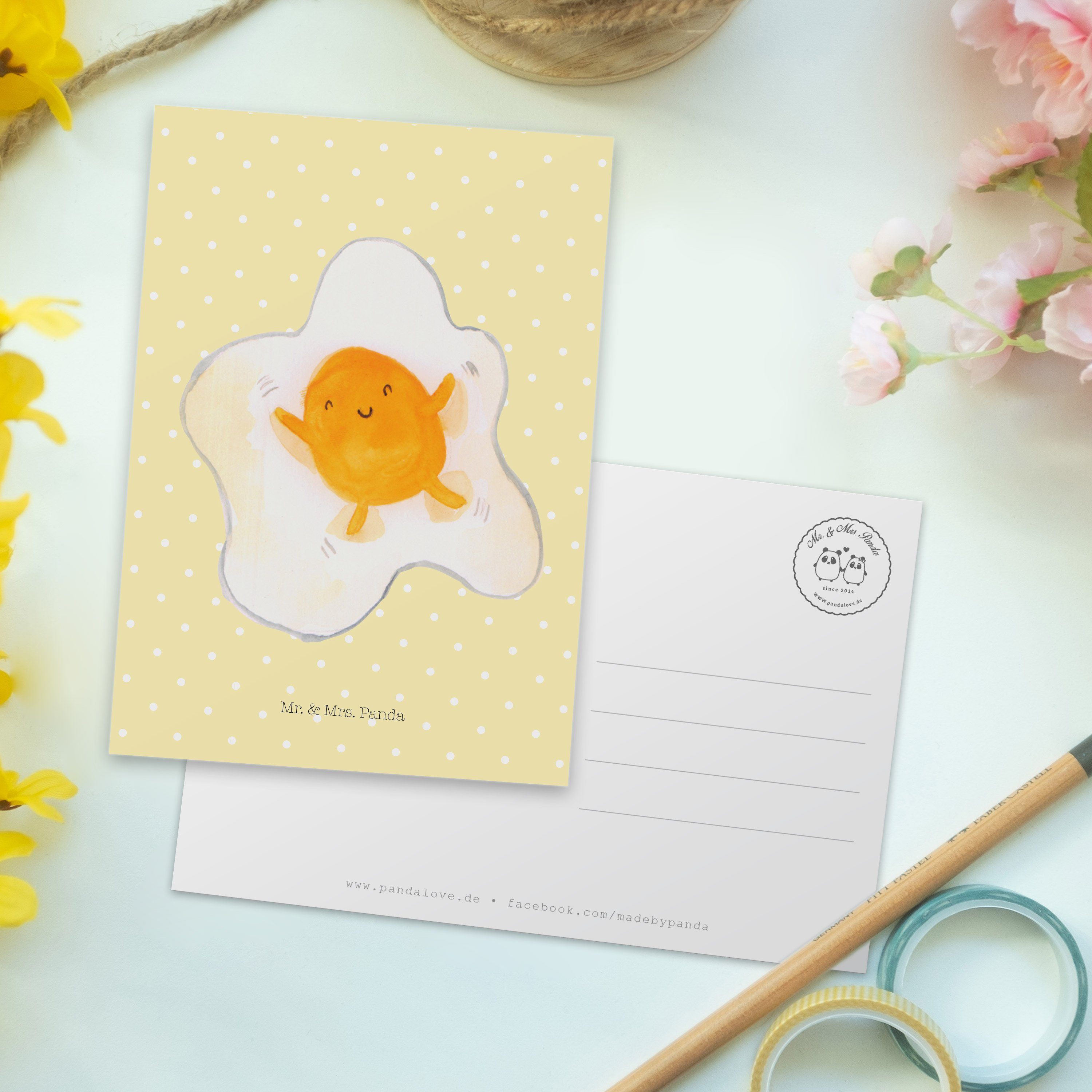 Mr. & Mrs. Panda Postkarte Spiegelei Gelb Geschenkkarte, Pastell Grußkarte, Liebe Geschenk, - 