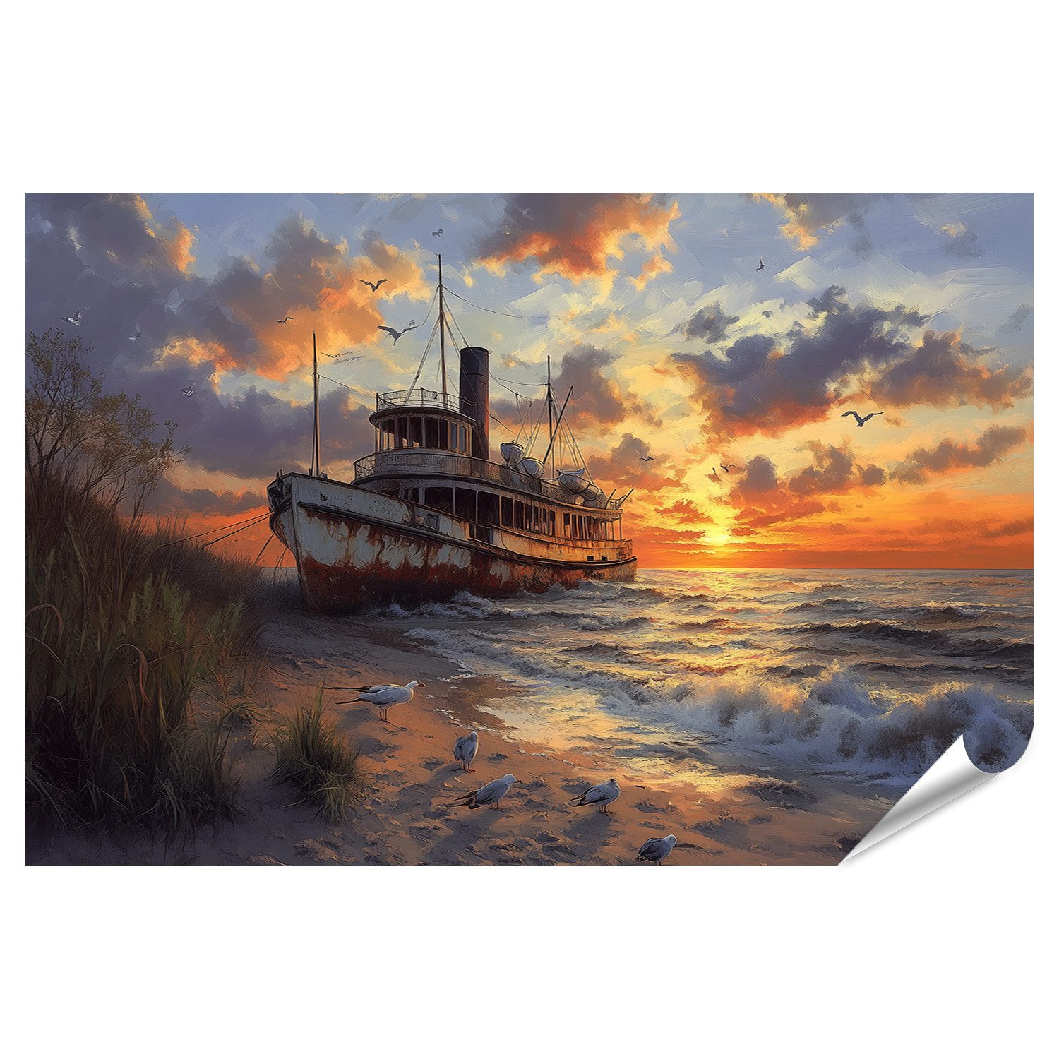 Poster Verlassenes Schiff bei Sonnenuntergang am Meer