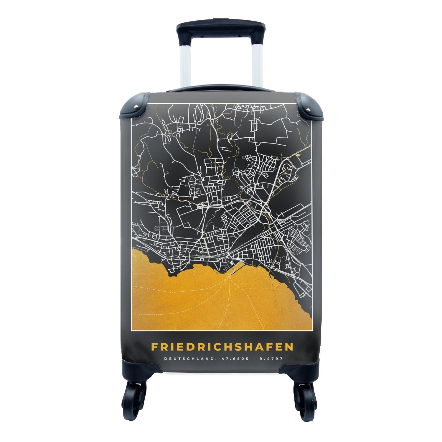 Karte Reisekoffer 4 Handgepäckkoffer Reisetasche Stadtplan - - mit Ferien, rollen, Karte, - Friedrichshafen Trolley, Deutschland Gold - für Rollen, MuchoWow Handgepäck -