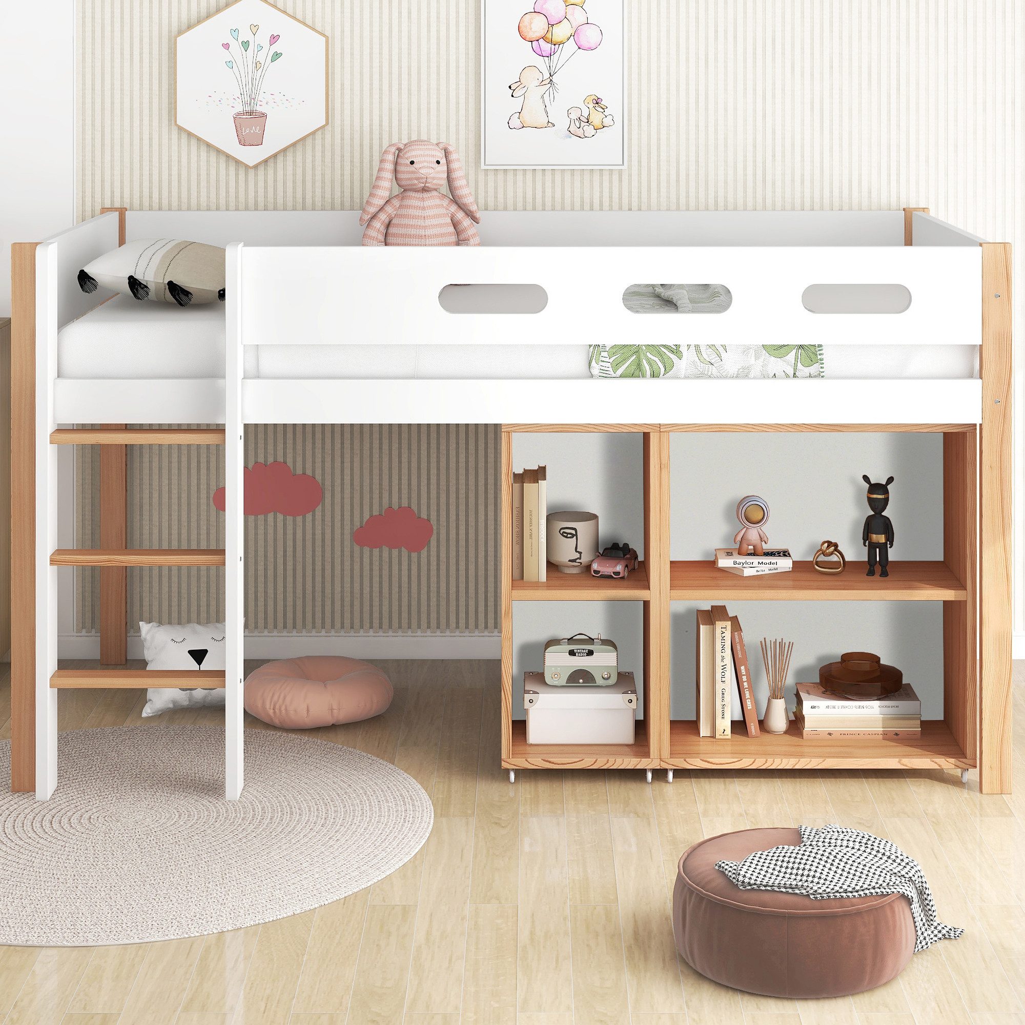 Flieks Hochbett Kinderbett Etagenbett mit beweglichem Schrank und Leiter 90 günstig online kaufen