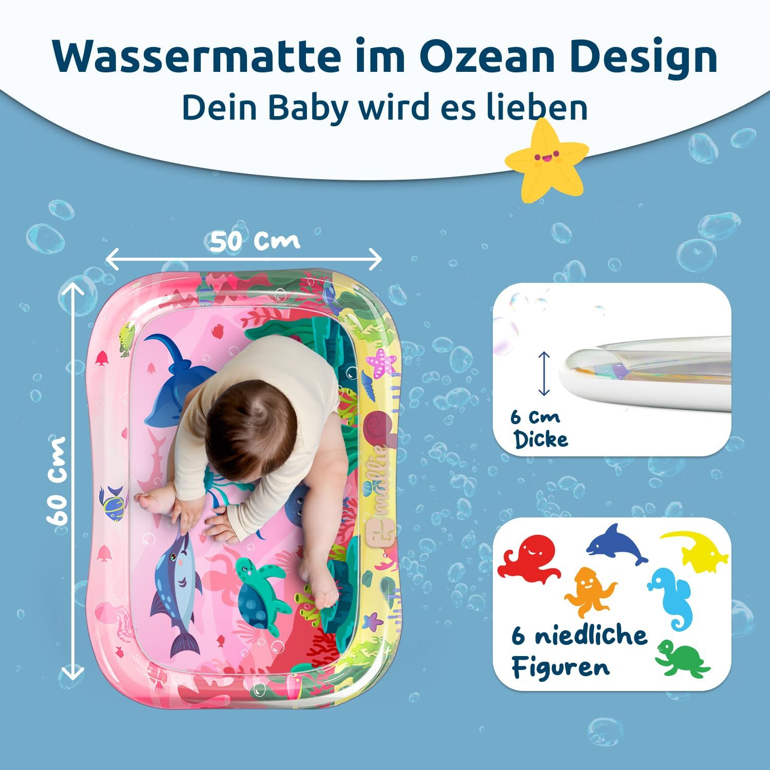 Mallie Spielmatte Original Wassermatte Baby BPA Frei - 66 x 50 cm (Perfektes Tummy Time Toy für die Bauchlage), Wasserspielmatte Baby, Baby Matte, Babymatte für Baby