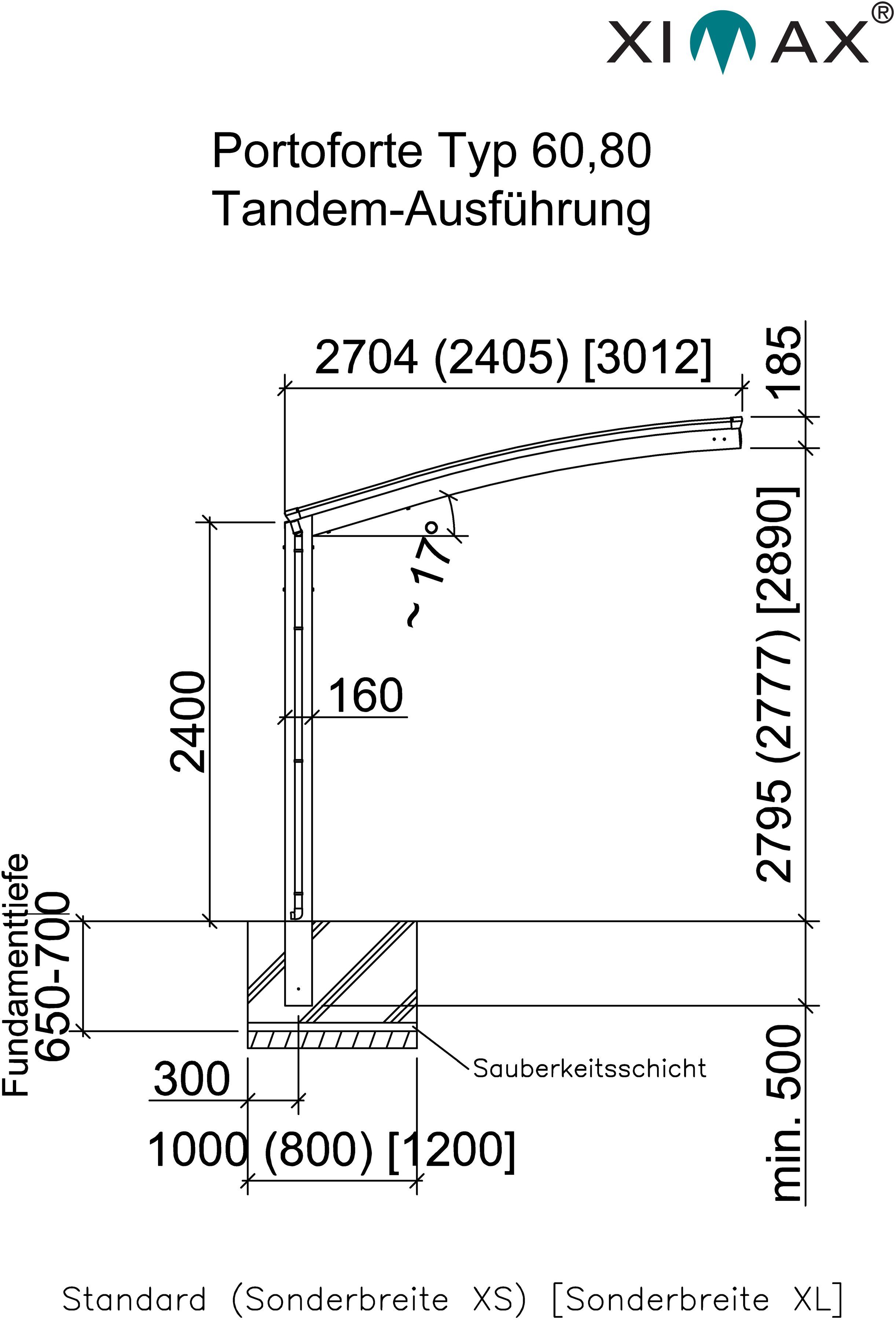 240 60 cm, Einfahrtshöhe, Portoforte BxT: Tandem-Edelstahl-Look, cm Typ Aluminium 270x983 Doppelcarport Ximax