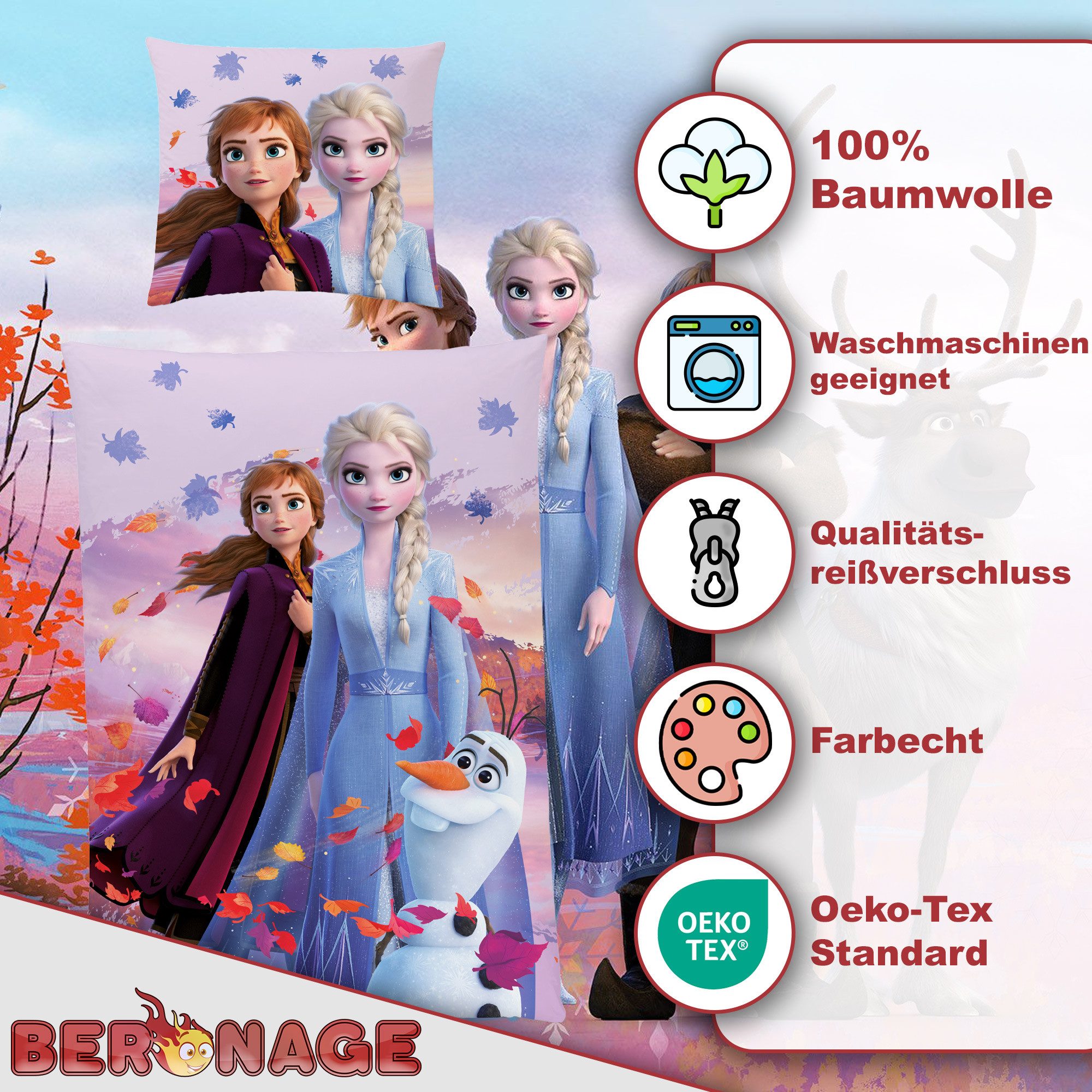BERONAGE Kinderbettwäsche Frozen Die Eiskönigin Dreamteam Bettwäsche Biber / Flanell, 100% Baumwolle, 2 teilig, 135x200 + 80x80 cm