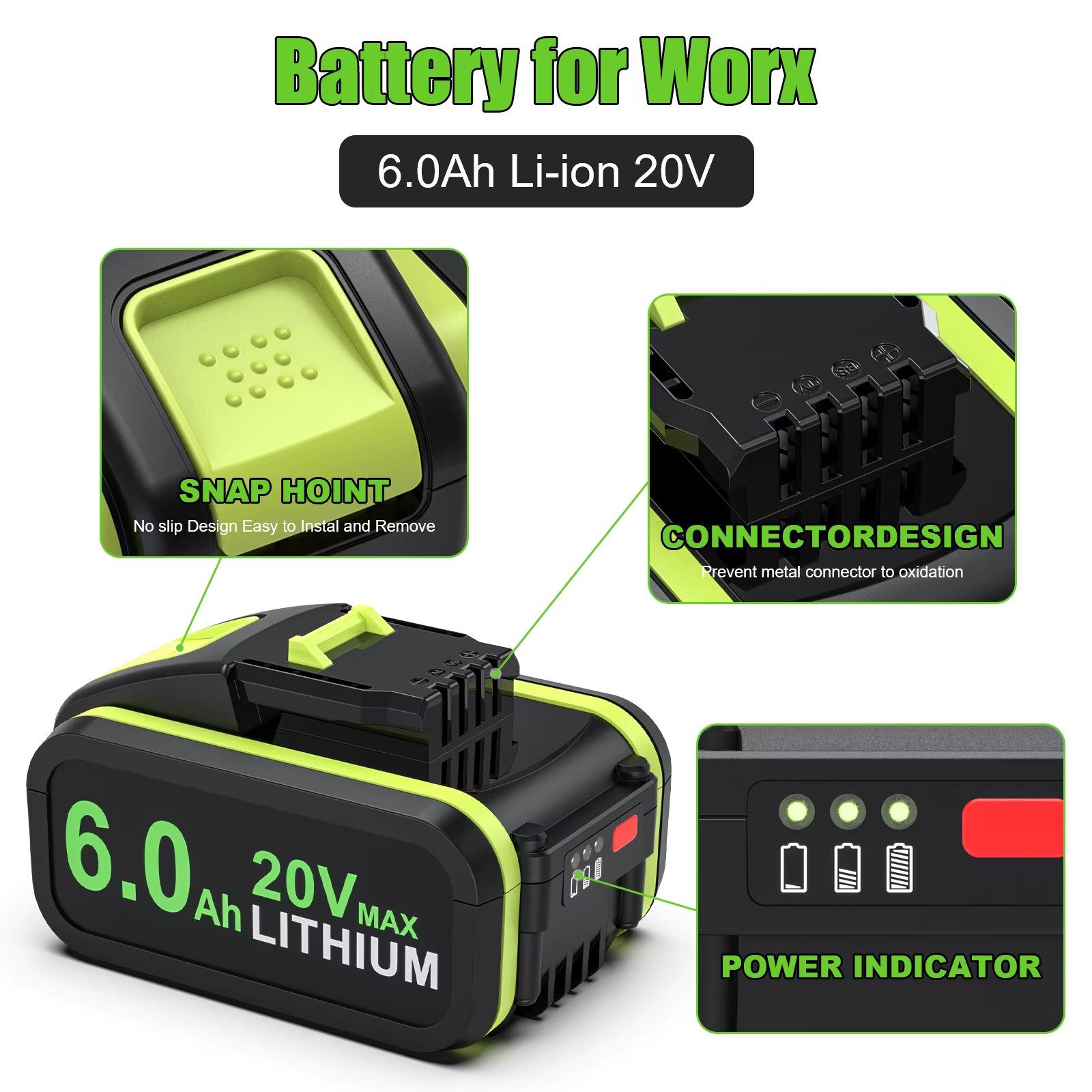 Athlix Ersatz Akku 6,0 Ah für Worx 20-V-Akku, WA3572 WA3553 WX390 WA3551 Akkupacks (2 St), 6000 mAh, 20 % längere Laufzeit, für Worx Geräte