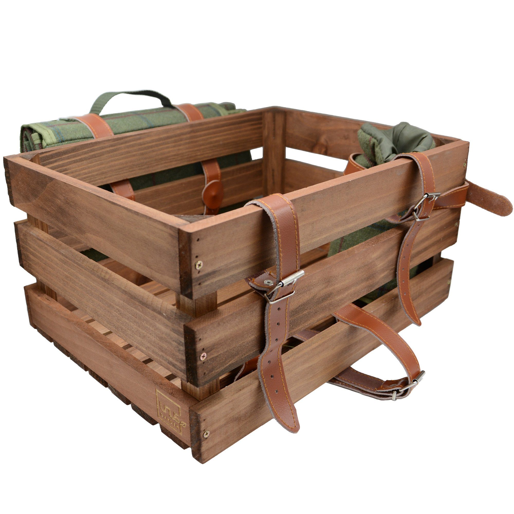 UNUS GARDEN Fahrradkorb Fahrradkiste Picknick Holz (Grün 40x30x20cm (LxBxH), Holzkiste Picknick Fahrradkiste Picknickdecke Flaschenhalter