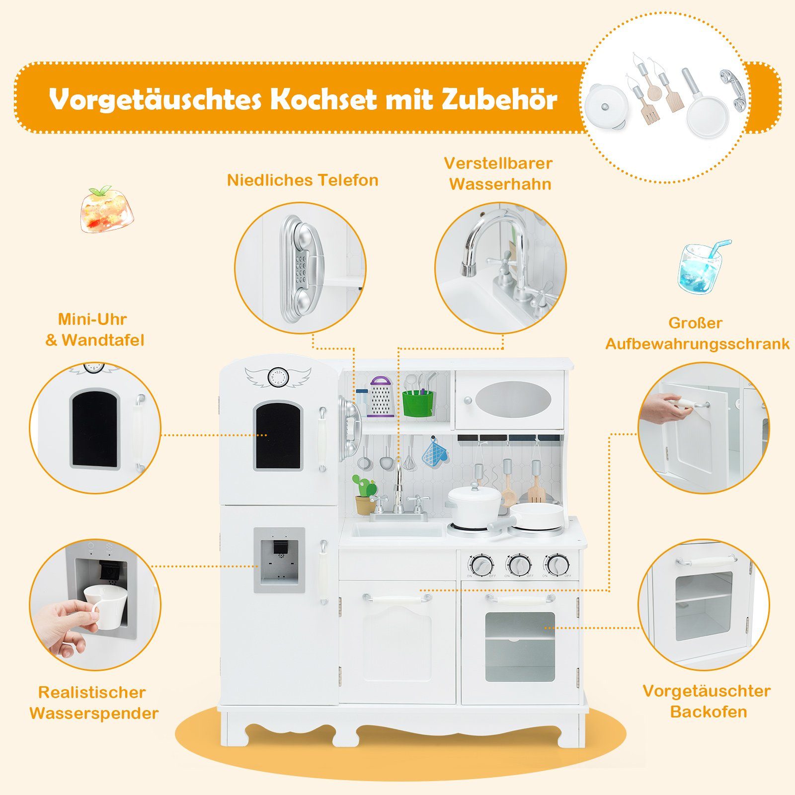 COSTWAY Spielküche Kinderküche, mit Licht & Kühlschrank