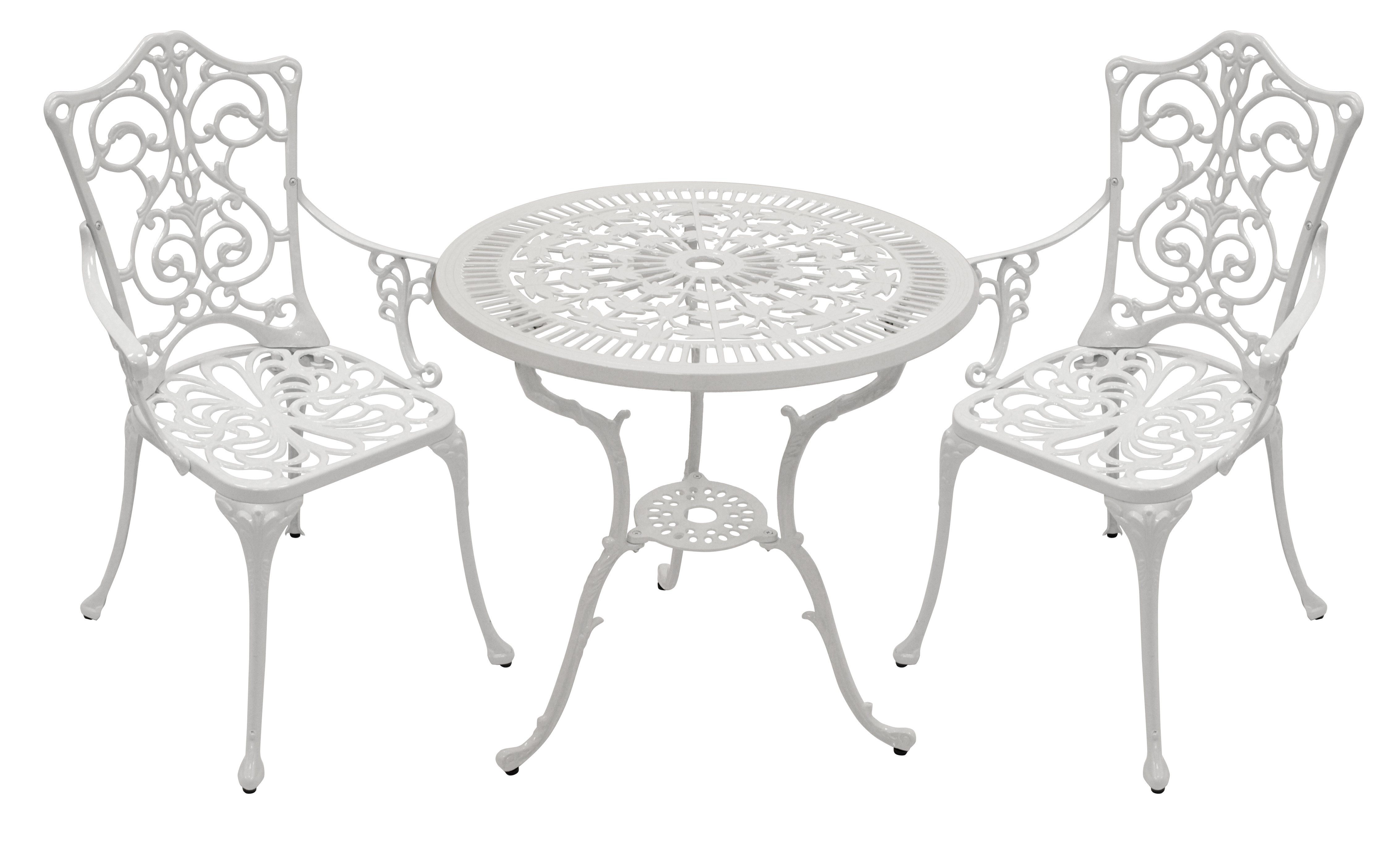 TPFGarden Sitzgruppe BOULDER, (Bistroset - Jugendstil - Gartenmöbel Set 3-teilig, 3-tlg., Sitzgruppe Aluguss antik weiß), (2x Sessel mit Armlehnen, 1x Tisch 70cm rund)