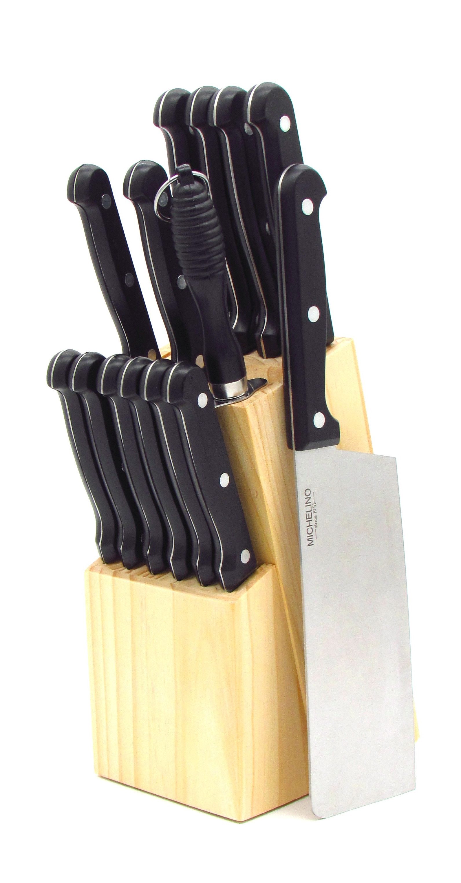 Michelino Messer-Set 15-teiliger Messerblock, 7x Küchen- 6x Steakmesser 1 Wetzstahl 1 Messerblock