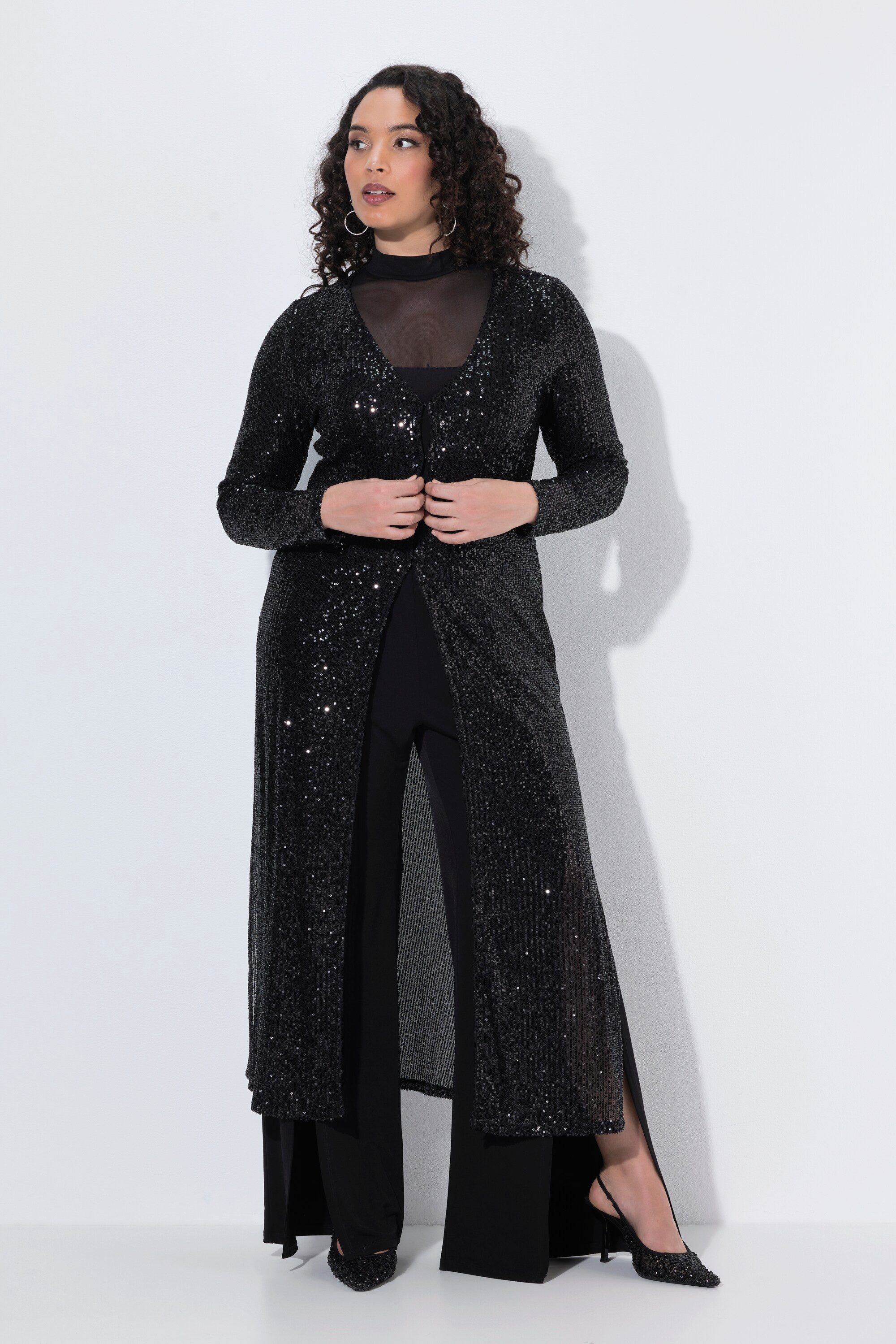 Ulla Popken Sommerjacke Longjacke Pailletten V-Ausschnitt Langarm