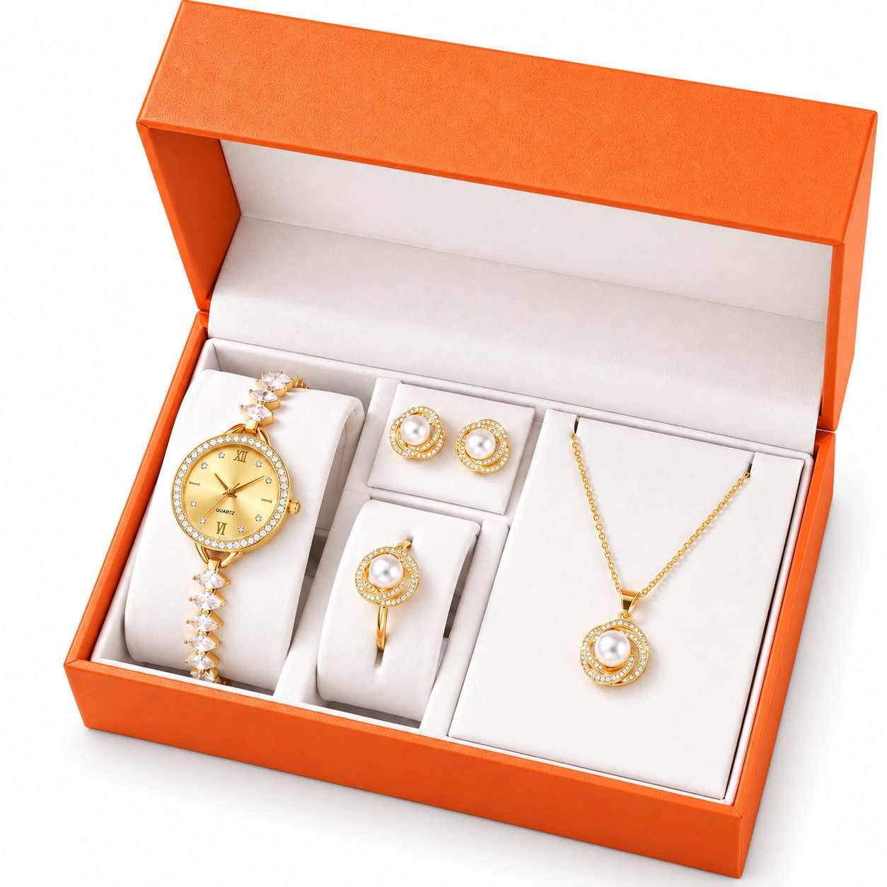 ibettertec Quarzuhr Damenuhr Schmuckset als Geschenk für Frauen, (Set, 1-tlg., Perfektes Geschenk für Sie, Damen Geschenkset), Elegantes Damenuhr-Set mit Perlen- und Kristalldesign