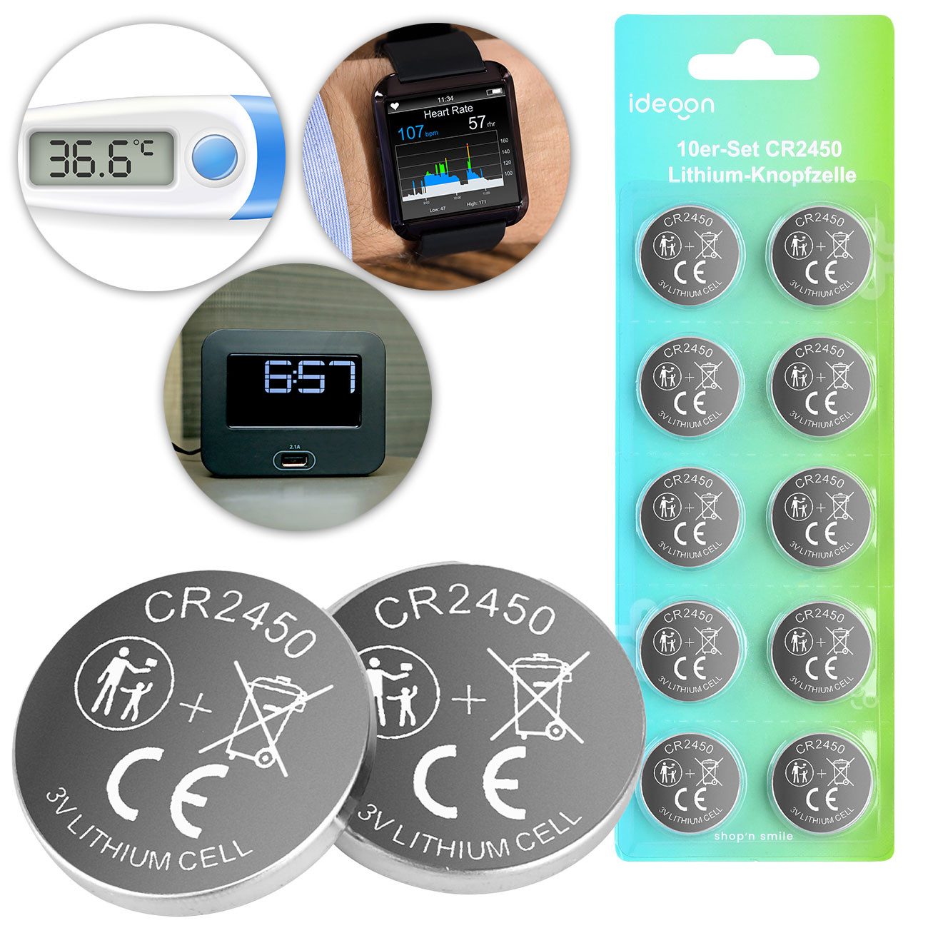 shop'n smile ideoon CR2450 Lithium Knopfzellen 3V Batterien, 620 mAh hohe Kapazität Knopfzelle, (10 St), langlebige 3 Volt Batterie