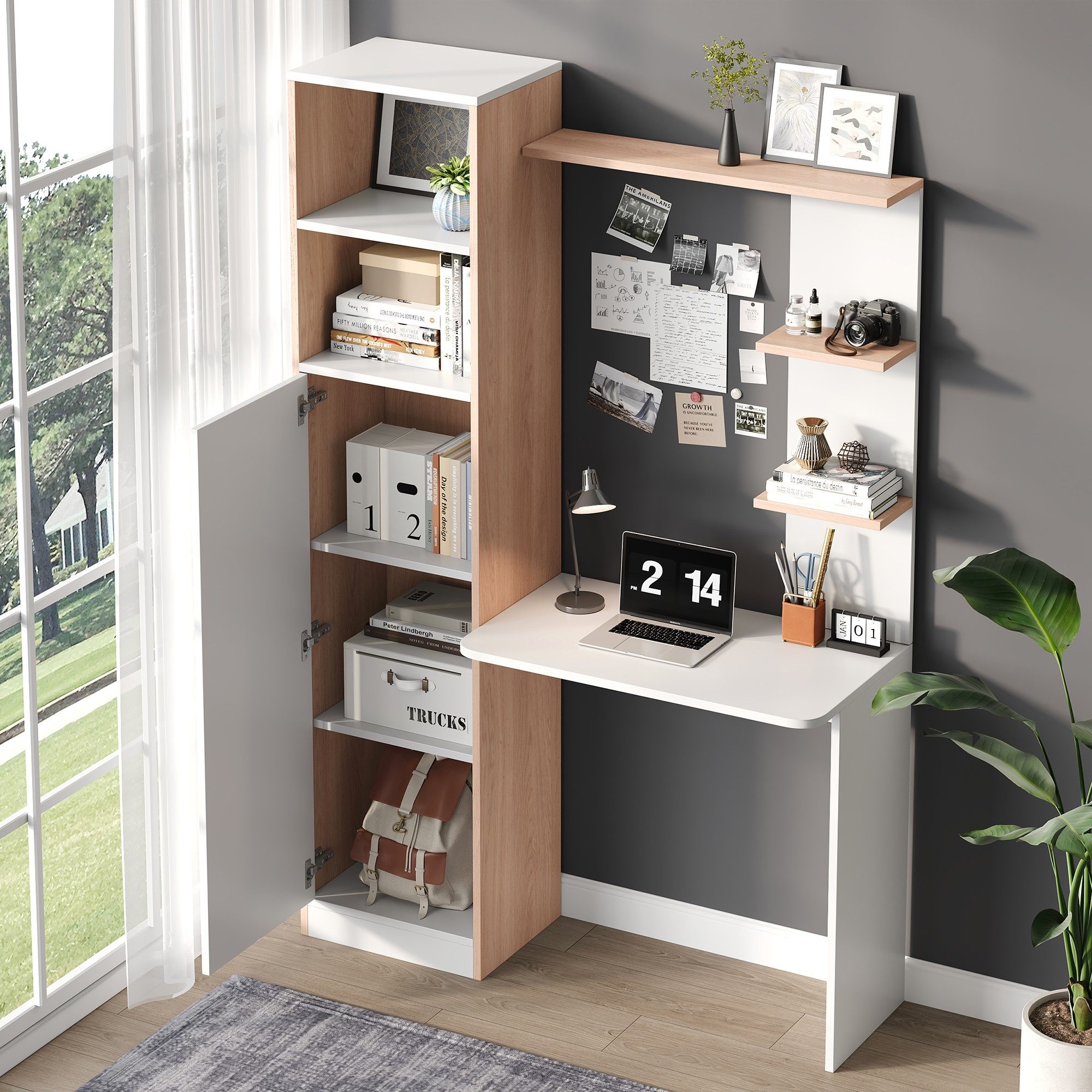 Flieks Regal-Schreibtisch Computertisch mit Hochschrank und Ablagen (123,5x45x168,5 cm, 1-St), Arbeitstisch mit Ablagen und 5 Fächern Bürorisch Holzoptik Weiß&Natur