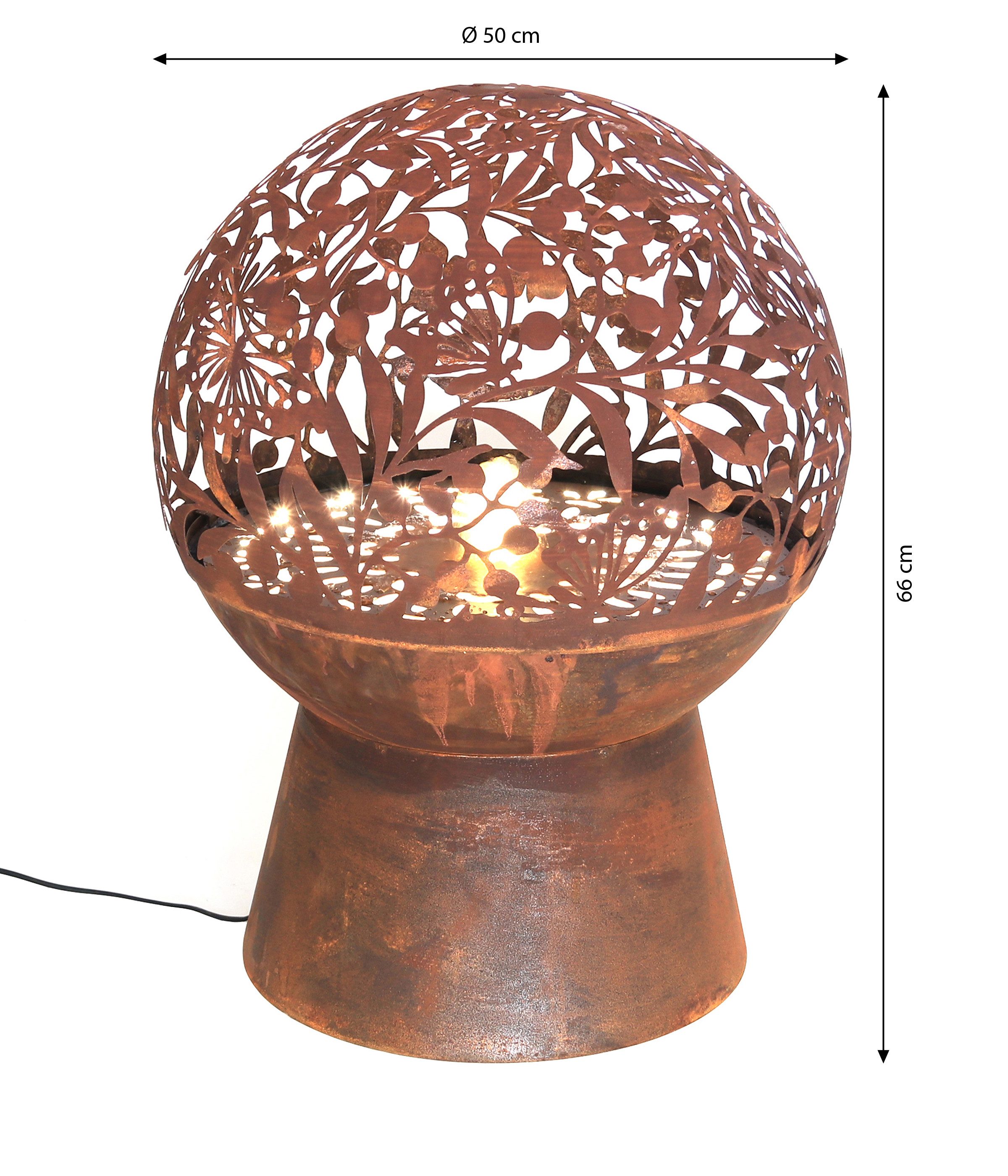Dehner Gartenbrunnen Floral, frostbeständig, Höhe 66 cm, Ø 50 cm, Cortenstahl, Komplett-Set mit warmweißer LED Beleuchtung / Pumpe / Trafo