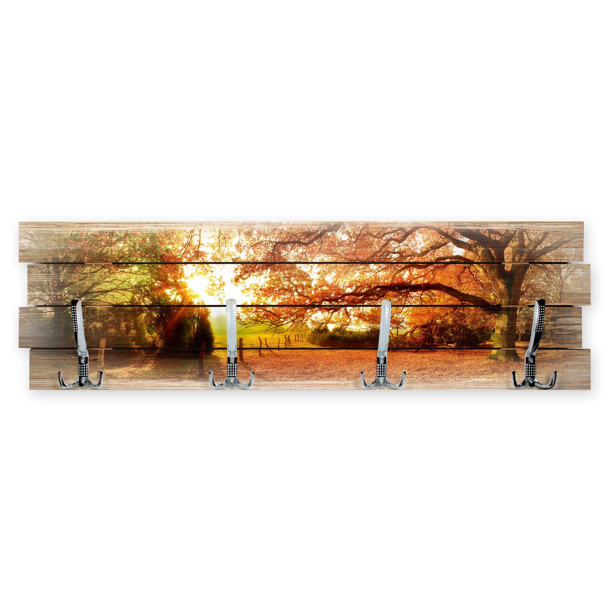 Kreative Feder Wandgarderobe Wandgarderobe Herbst aus Holz, im  Shabby-Chic-Design farbig bedruckt ca. 30x100cm 4 Doppel-Haken