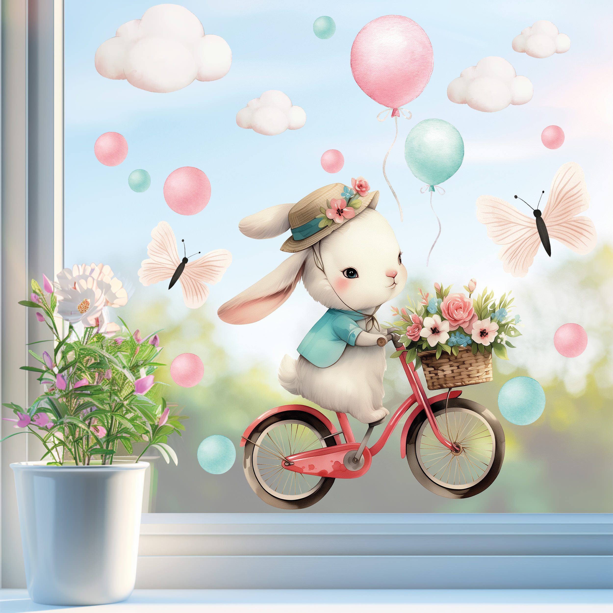 Sunnywall Fensterdekoration wiederverwendbares Fensterbild Hase auf Fahrrad Ballon Schmetterling, wiederverwendbar, statisch haftend, beidseitiger Druck
