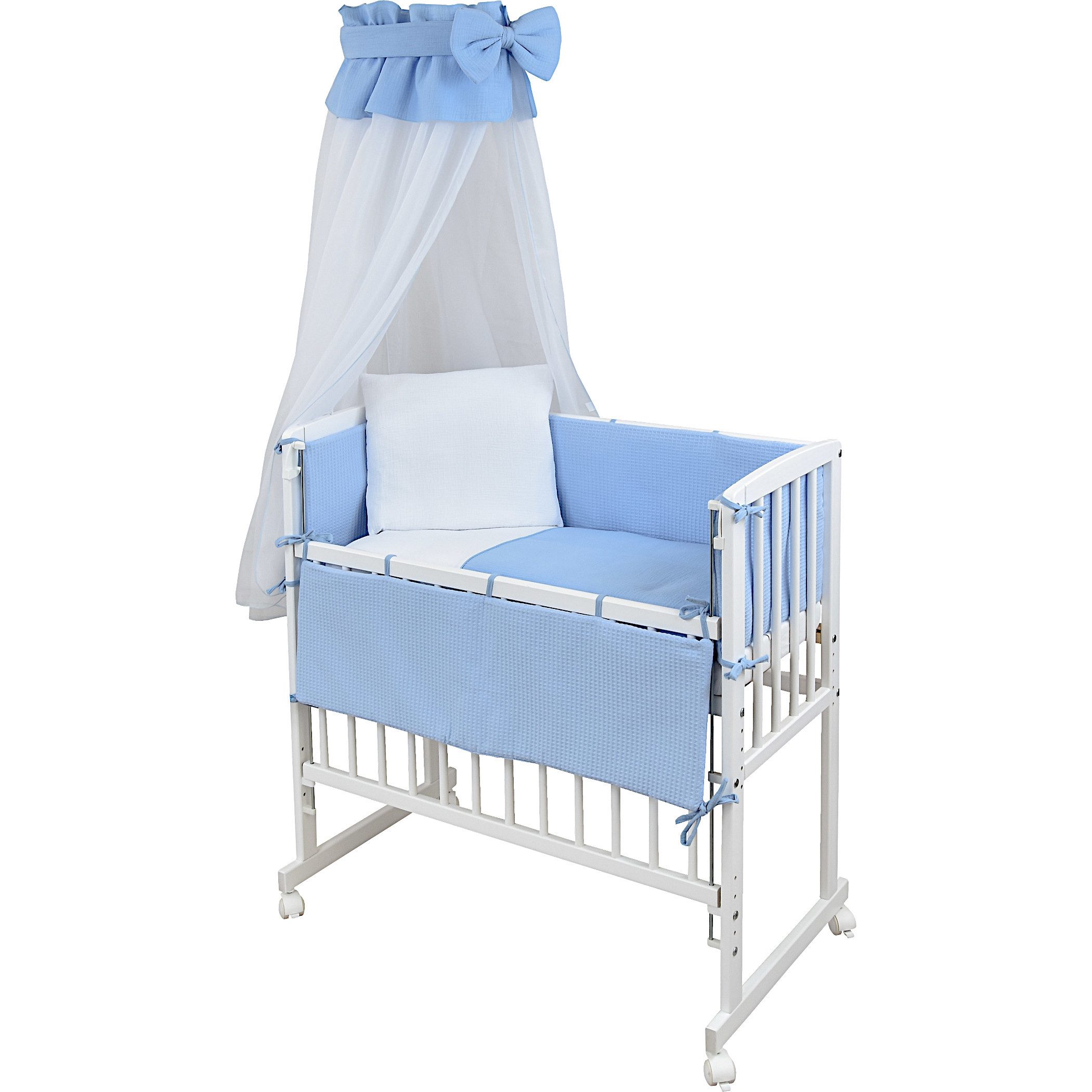Baby-Delux Stubenbett Beistellbett Komplettset Waffelpique Musselin, Stillbett 90x40 weiß höhenverstellbar, Matratze inkl. komplett Set