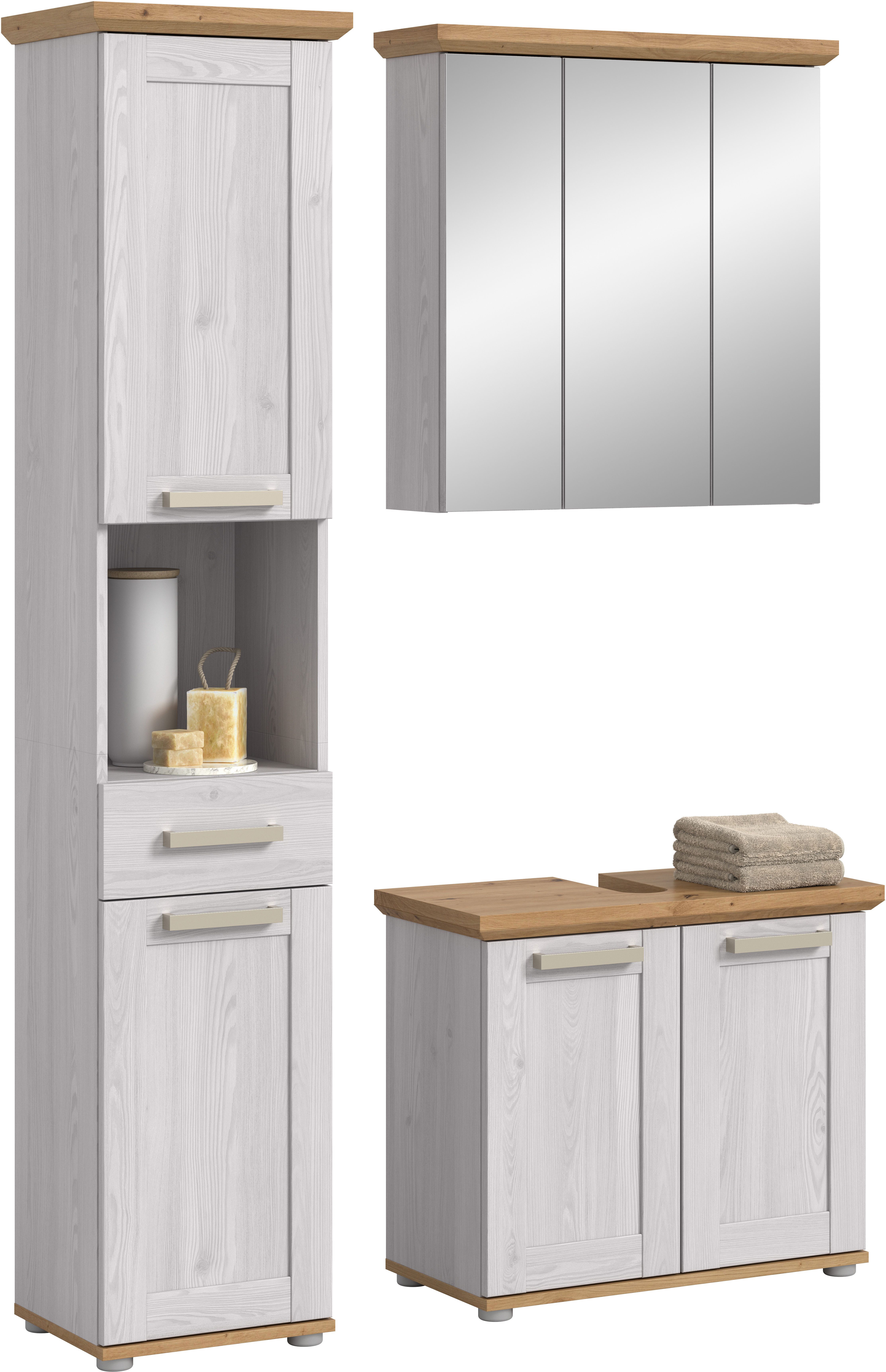 welltime Badmöbel-Set COSENZA, (3-St., best. aus: 1 Hochschrank, 1 Spiegelschrank, 1 Waschbeckenunterschrank), Bad-Kombination, Badezimmer, Kombi, Bad, Bad-Möbel