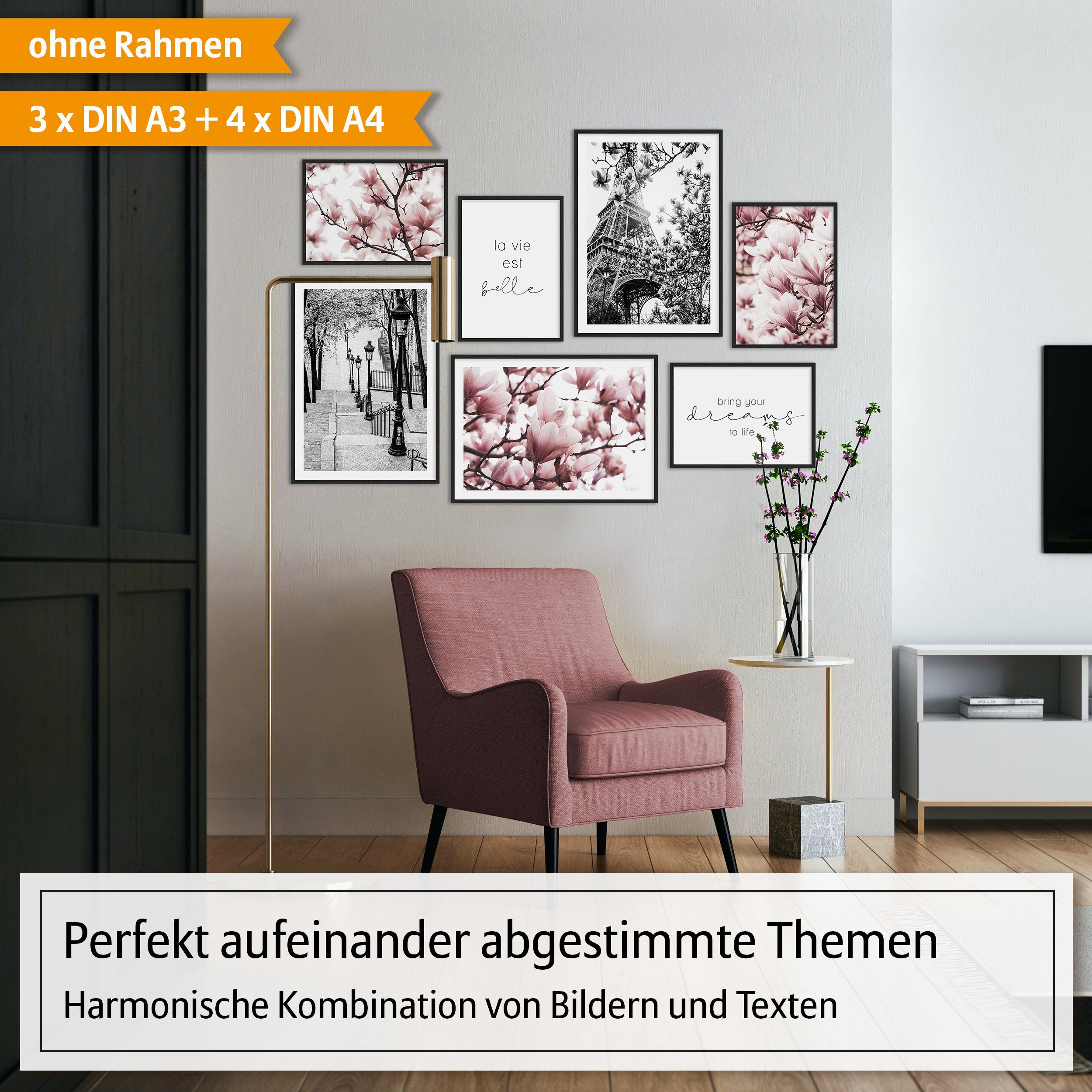 Hyggelig Home Poster Paris, Premium Poster Set OHNE & MIT Rahmen, Wandbild la vie est belle, Natur (Set, 7 St), Collage schwarz weiß, Qualitätsdruck dickes Papier