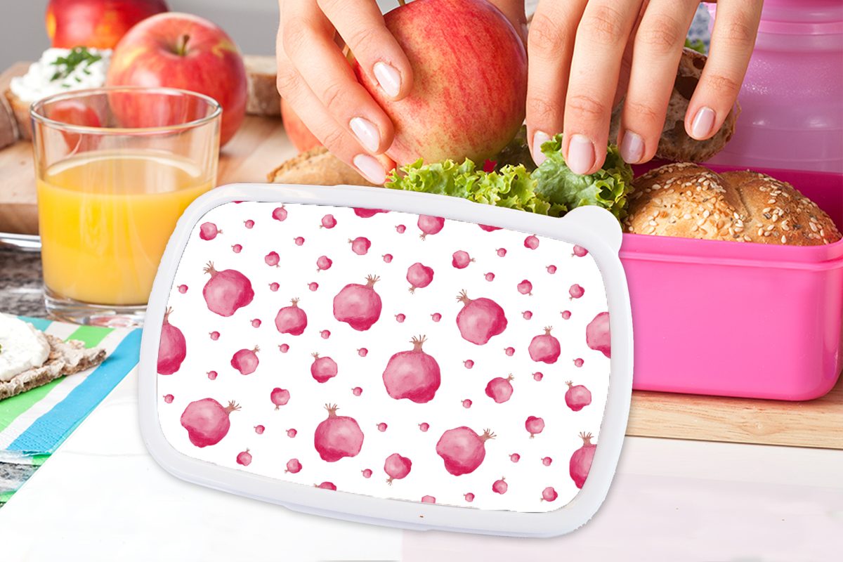 MuchoWow Lunchbox Granatapfel Brotbox Schablonen Snackbox, Brotdose Aquarell, Mädchen, Kinder, für Erwachsene, Kunststoff, - - (2-tlg), - Kunststoff Rosa