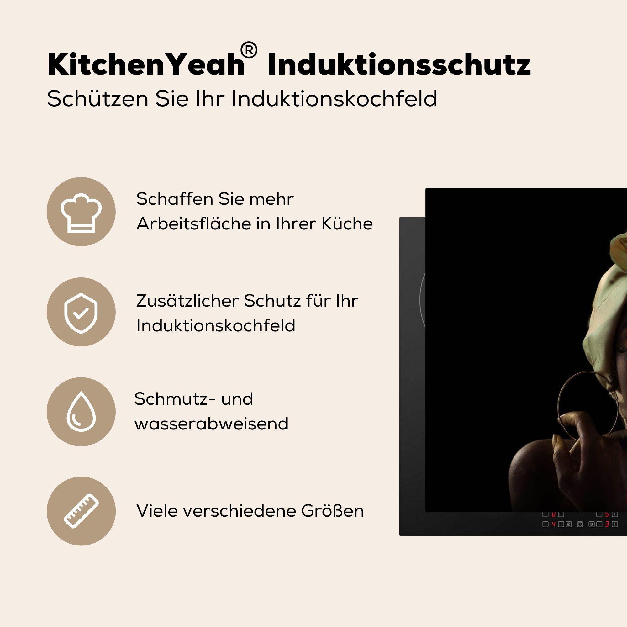 81x52 Kopftuch, Frauen küche, Induktionskochfeld Vinyl, (1 Schutz Ceranfeldabdeckung - die Gold für Herdblende-/Abdeckplatte cm, MuchoWow tlg), -