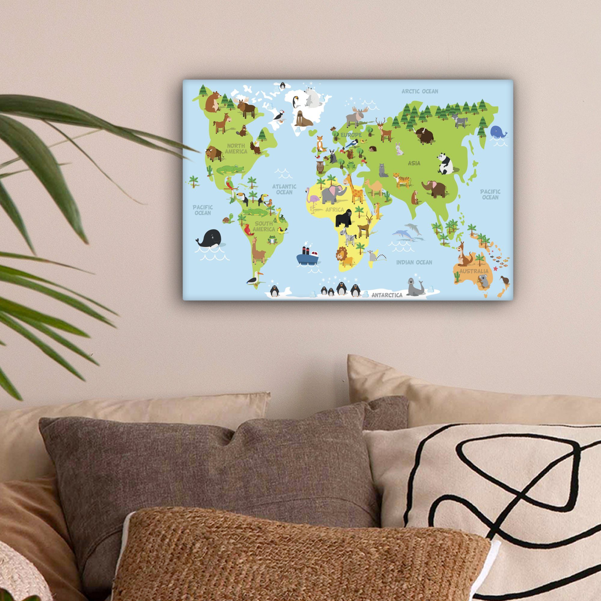 OneMillionCanvasses® Leinwandbild Weltkarte - Kinder - Tiere - Blau - Grün, günstig online kaufen