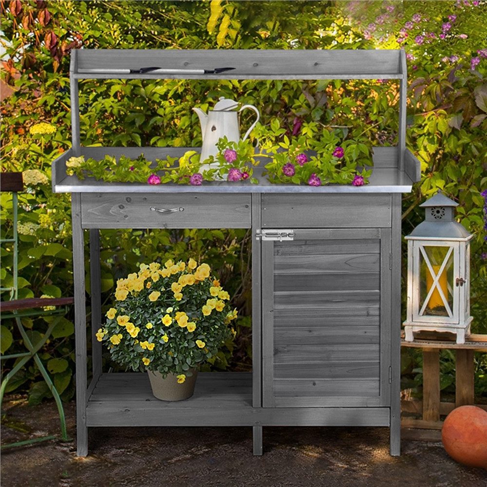 Yaheetech Pflanztisch Garten Pflanztisch mit Schubladen & Unterschrank, Outdoor Gärtnertisch Holzpflanztisch mit verzinkt Arbeitsplatte