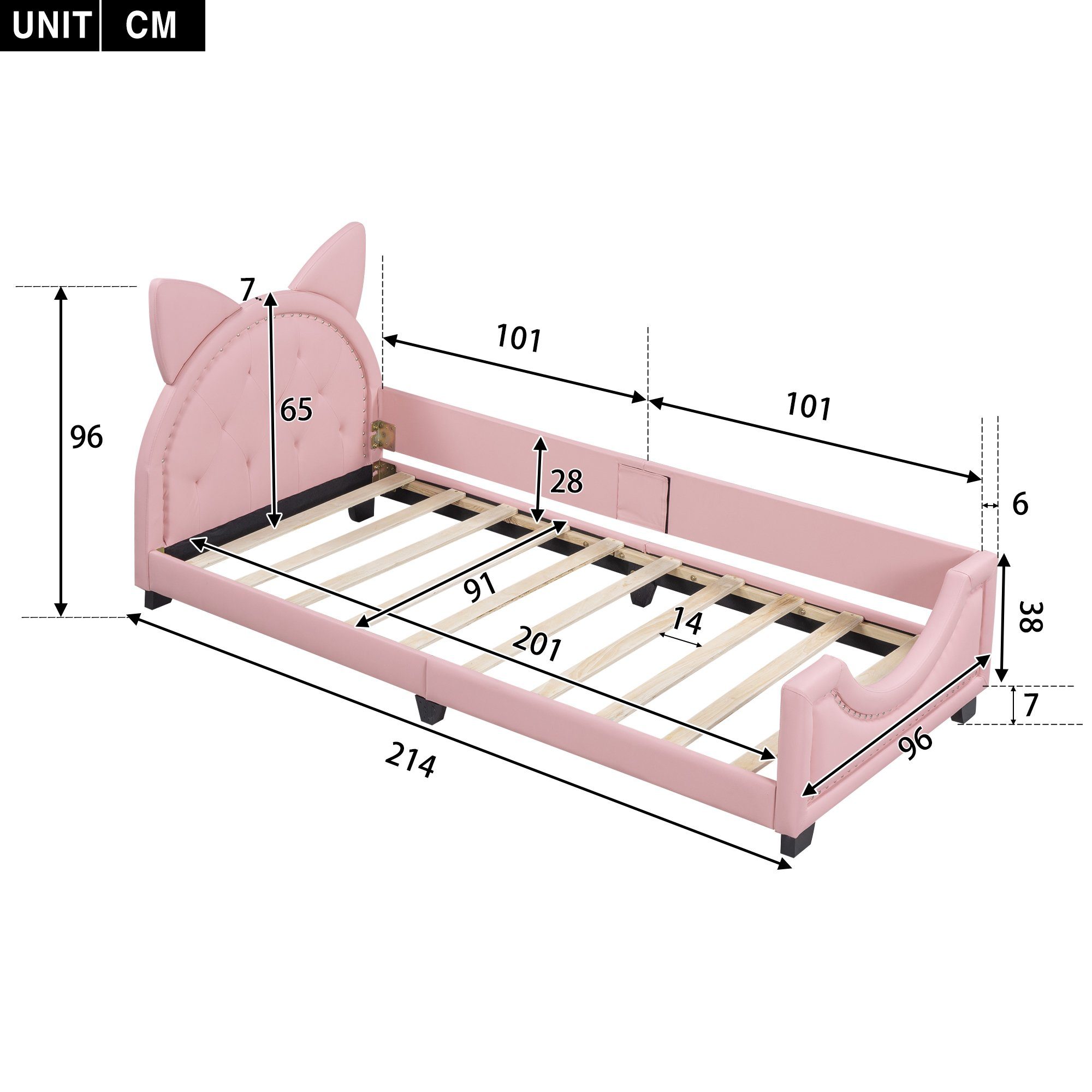 SPLOE Karton-Ohren, Ohne 90 Polsterbett Matratze Funktionsbett Kinderbett 200cm), (Form x HAUSS von Bettrahmen Polsterbett Einzelbett rosa