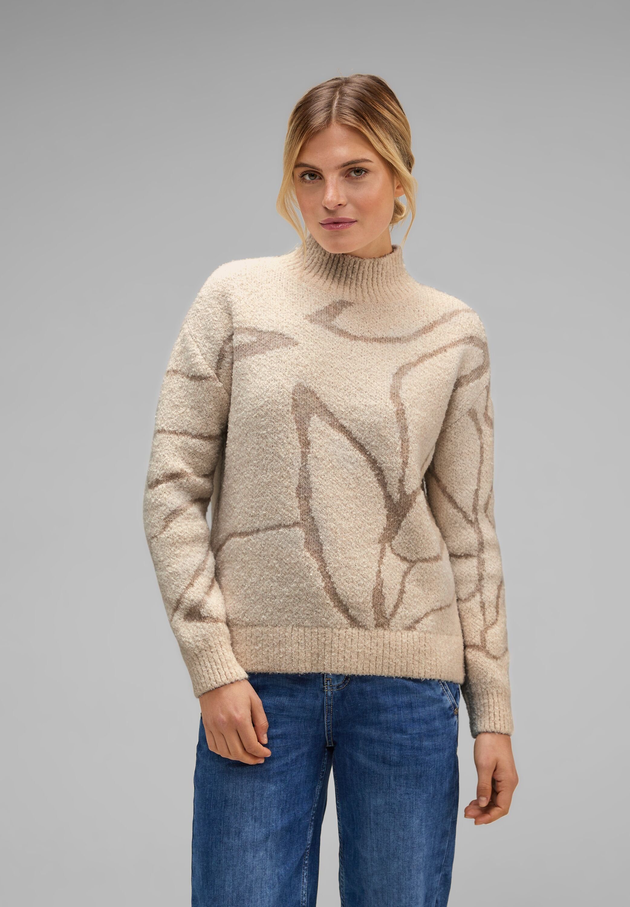 ONE Boucle lucid white Dessin Sweater STREET mit Stehkragen Strickpullover