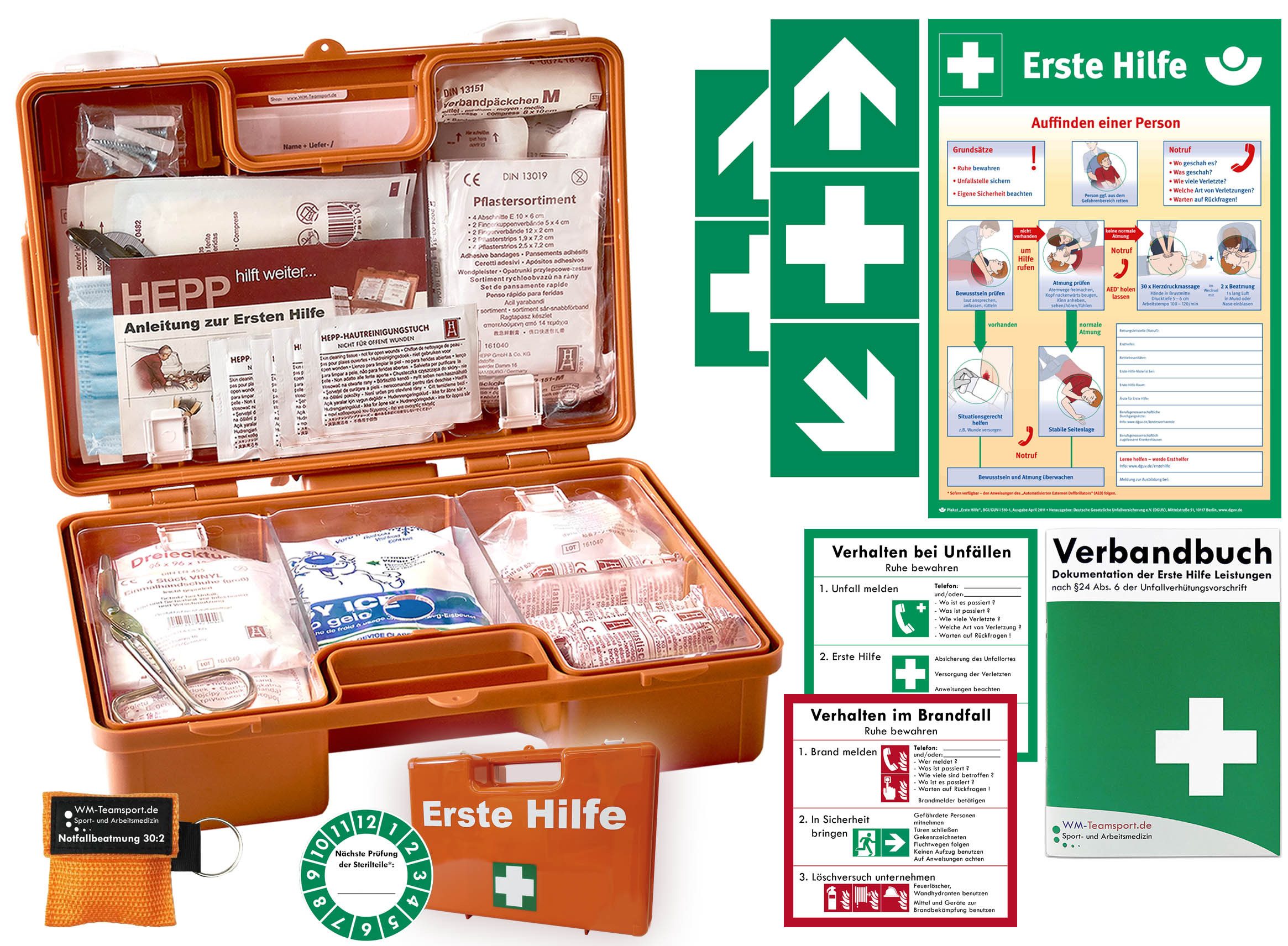WM-Teamsport Erste-Hilfe-Koffer 1.-Hilfe-Koffer (K)ARR DIN 13157 + Notfallbeatmung + Aufkleber,Aushang