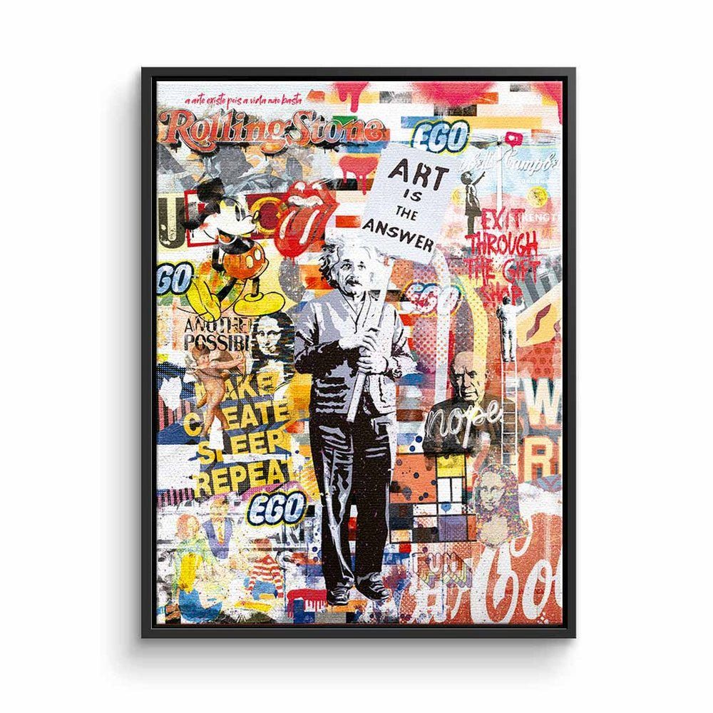 DOTCOMCANVAS® Leinwandbild, Leinwandbild Albert Einstein collage Pop Art Art is the answer schwarzer Rahmen
