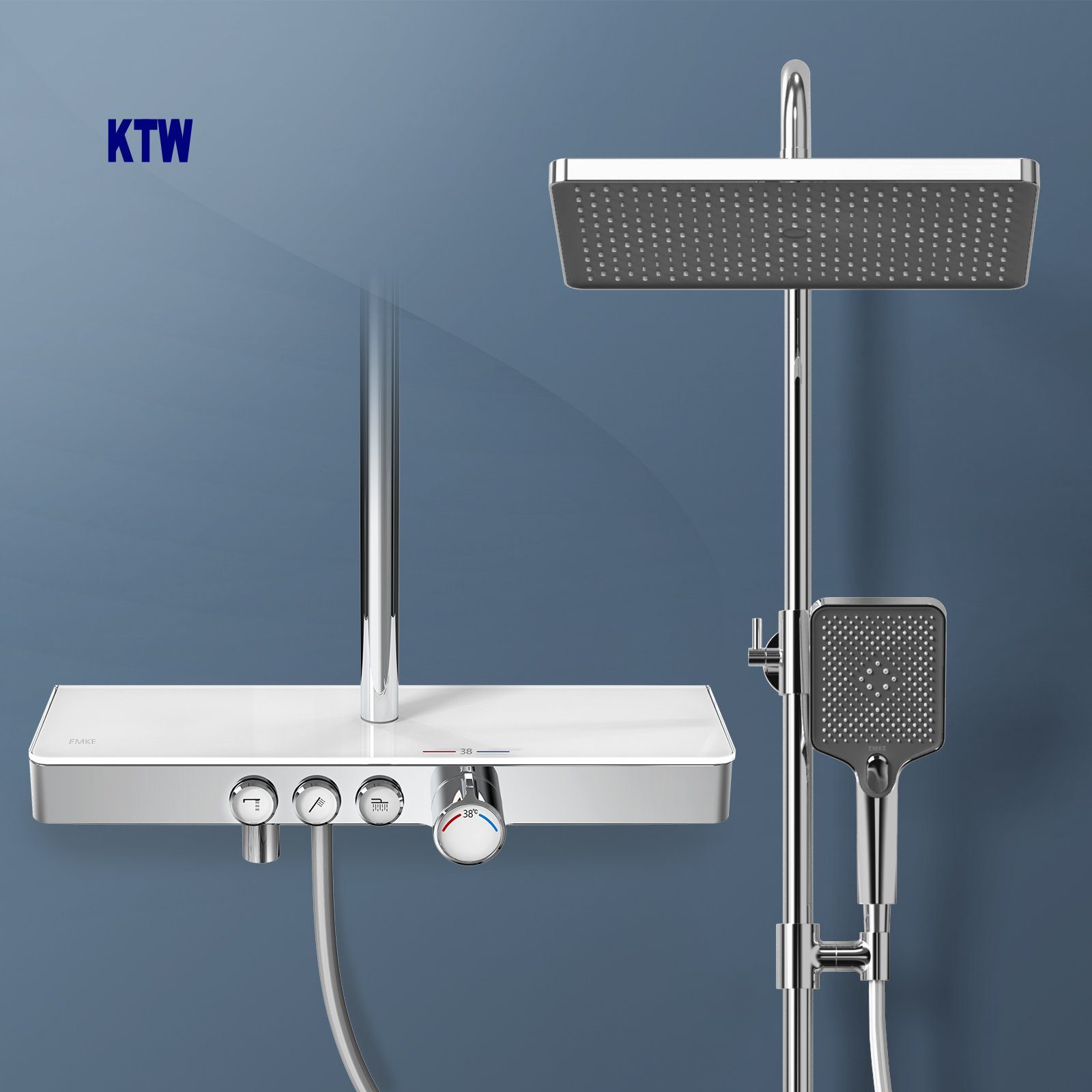 EMKE Duschsystem EMKE Duschsystem mit Thermostat Glasablage Handbrause  Regendusche, 3 Strahlart(en), Wasserauslass Verbrühungsschutz Wandmontage  KTW-Zertifizierung