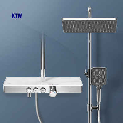 EMKE Duschsystem EMKE Duschsystem mit Thermostat Glasablage Handbrause Regendusche, 3 Strahlart(en), Wasserauslass Verbrühungsschutz Wandmontage KTW-Zertifizierung